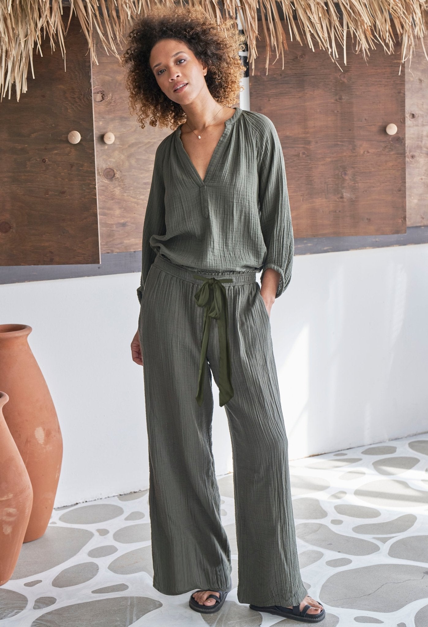 Sage Gauze Palazzo Pant with Satin Tie Belt - Sale