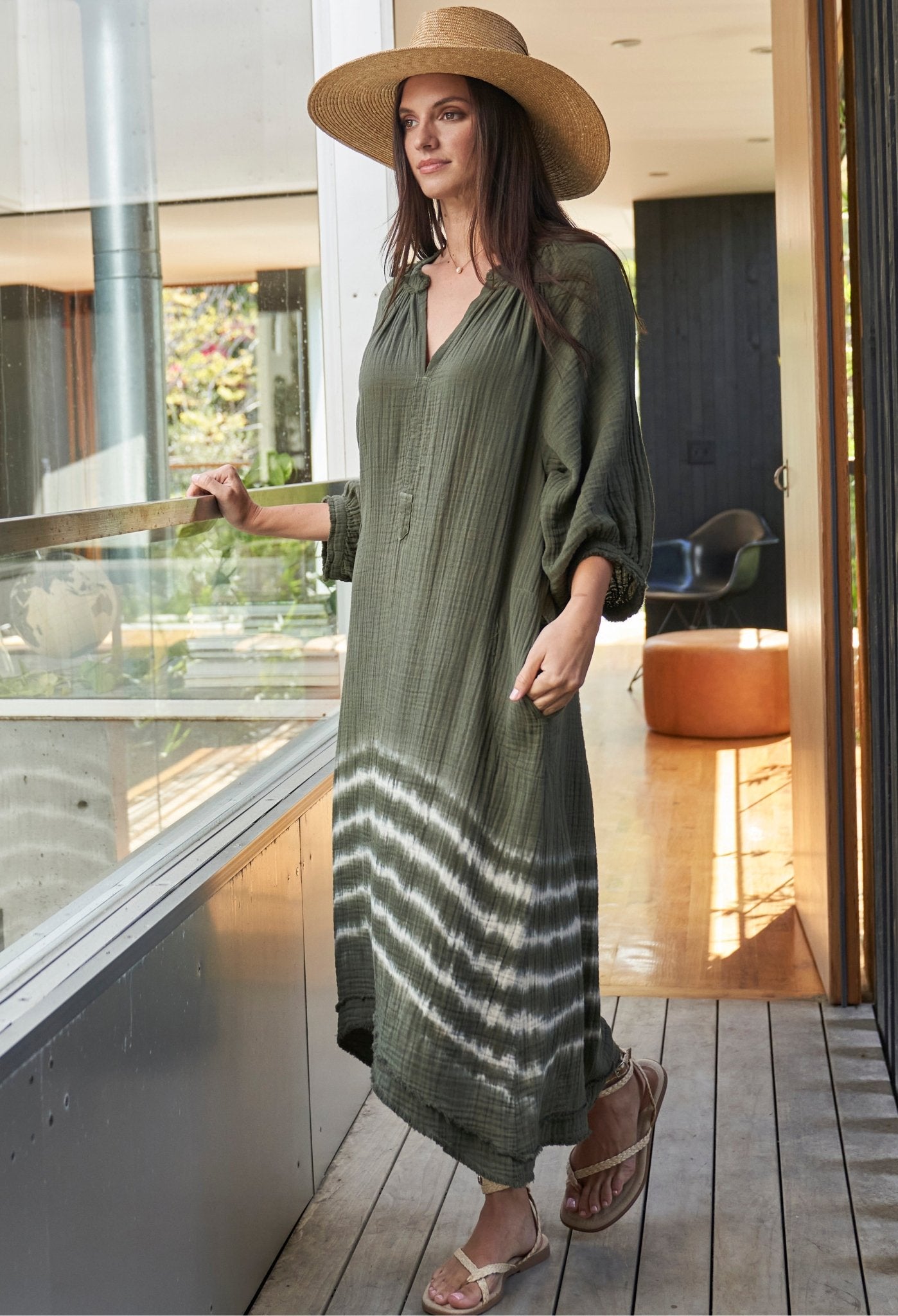 Sage Green Tie Dye Gauze Dress with Pockets - ocean+main