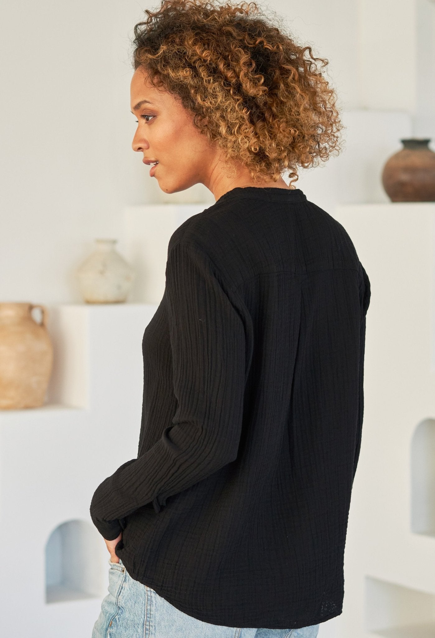 The Perfect Button Front Cotton Top in Black - ocean+main