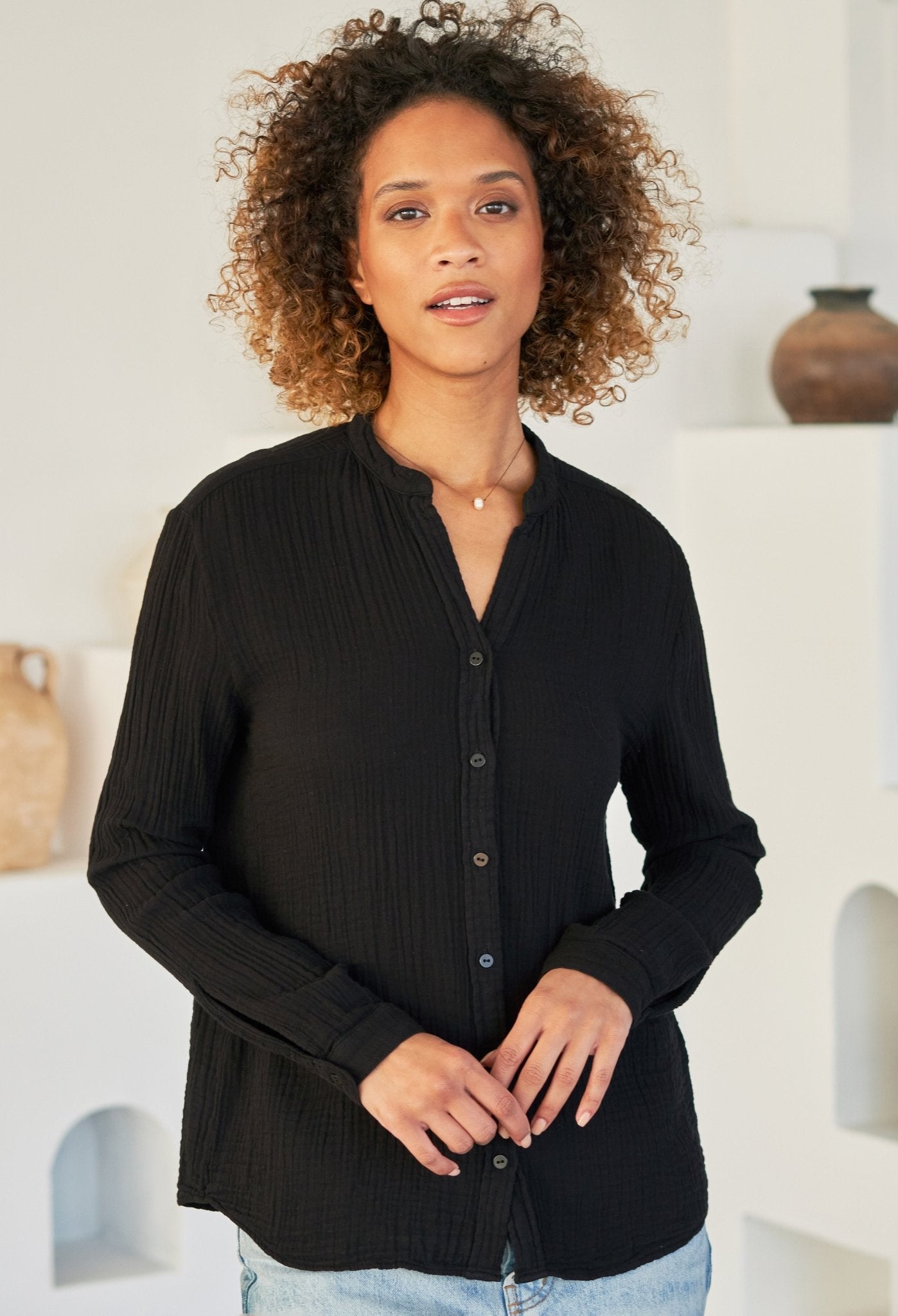 The Perfect Button Front Cotton Top in Black - ocean+main