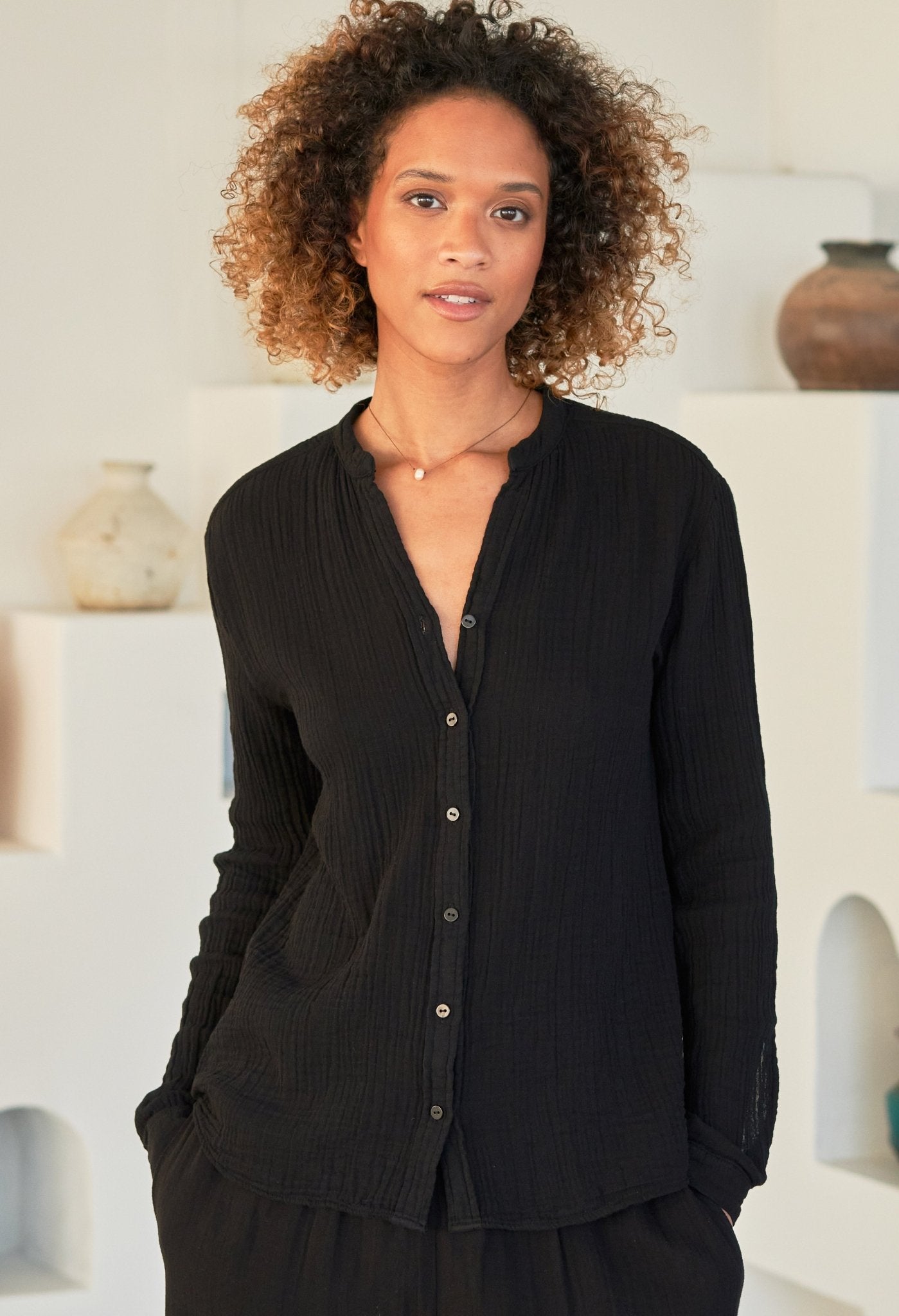 The Perfect Button Front Cotton Top in Black - ocean+main