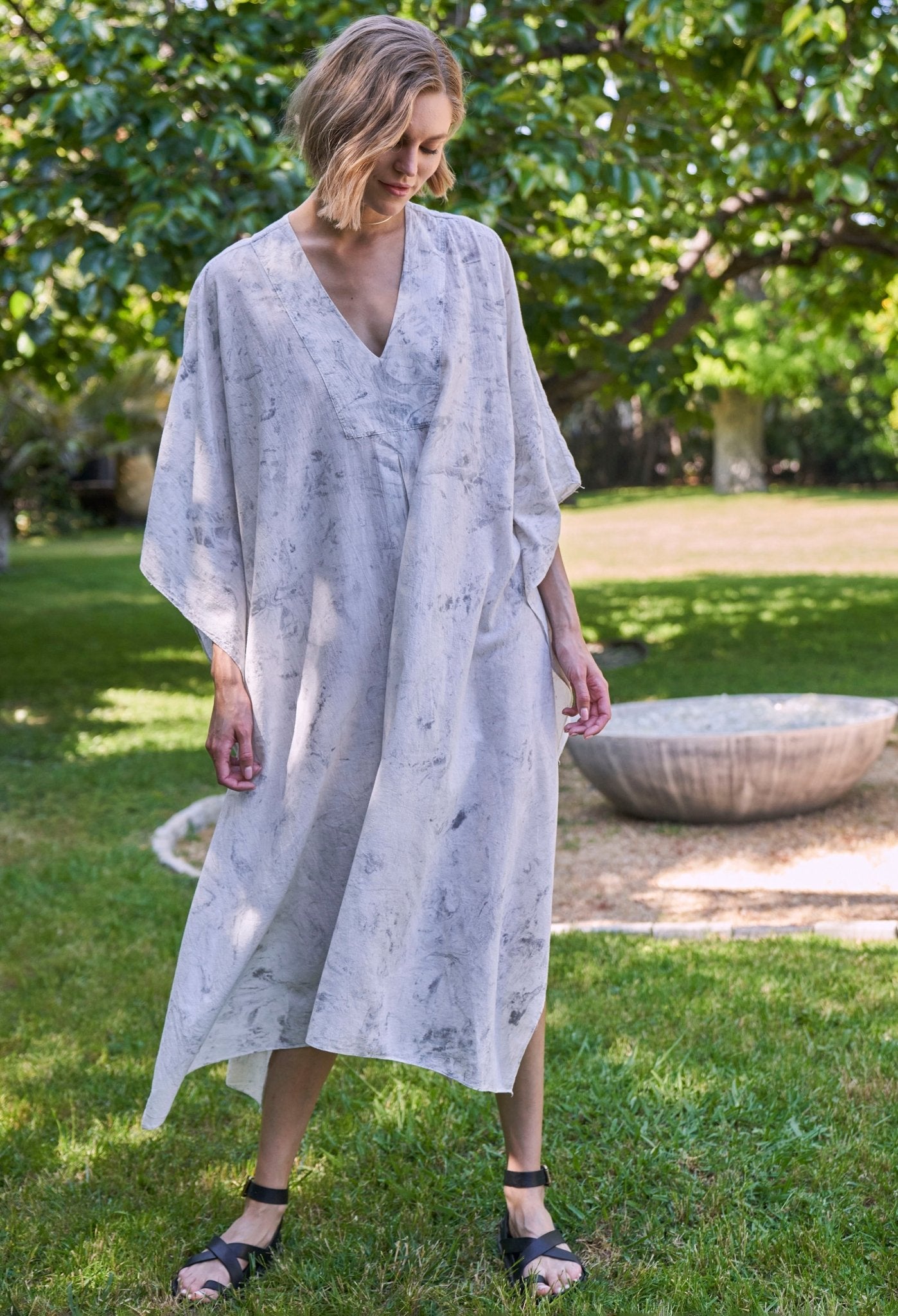 White and Grey Marble Tie Dye Cotton Midi Caftan - ocean+main