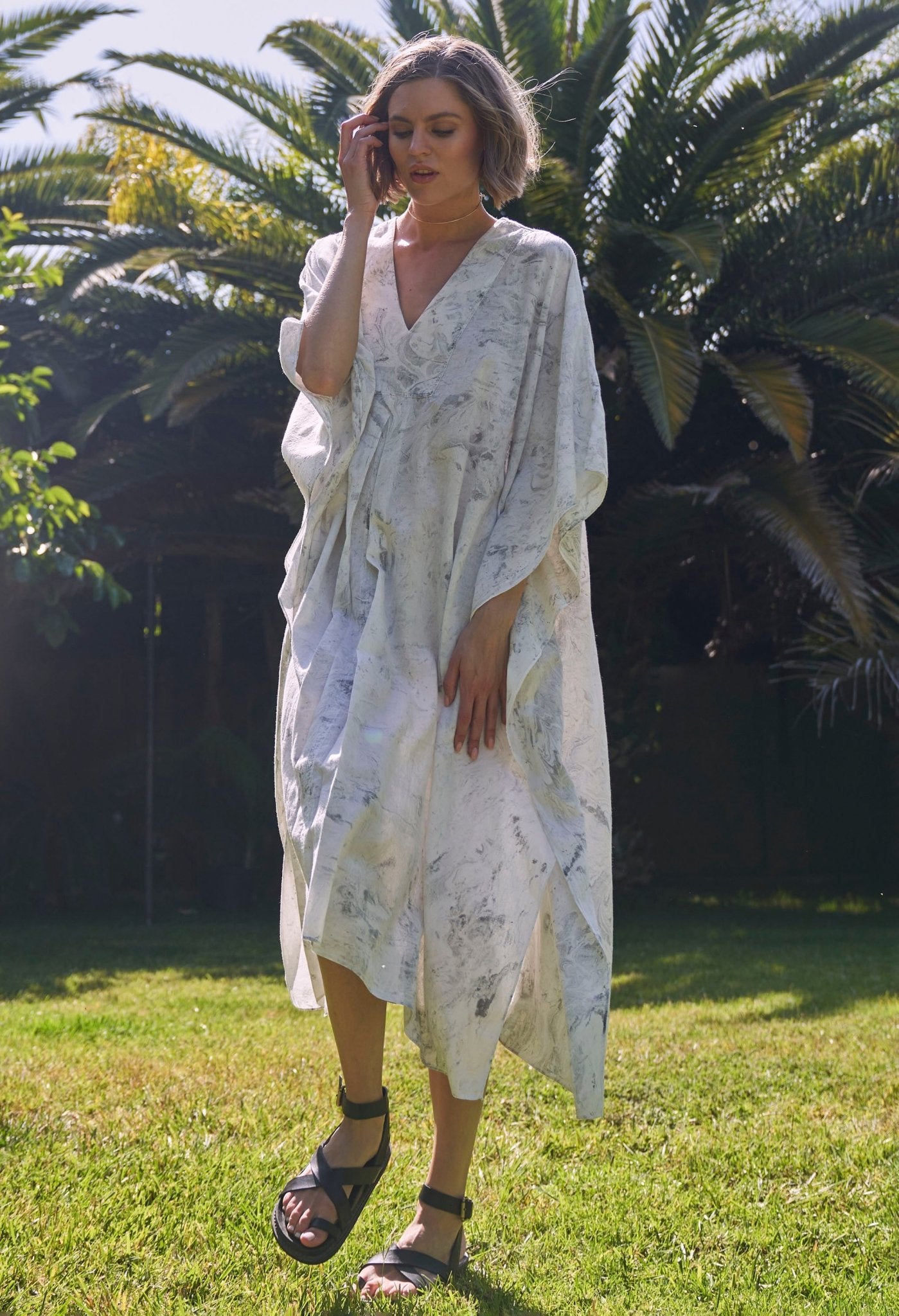 White and Grey Marble Tie Dye Cotton Midi Caftan - ocean+main