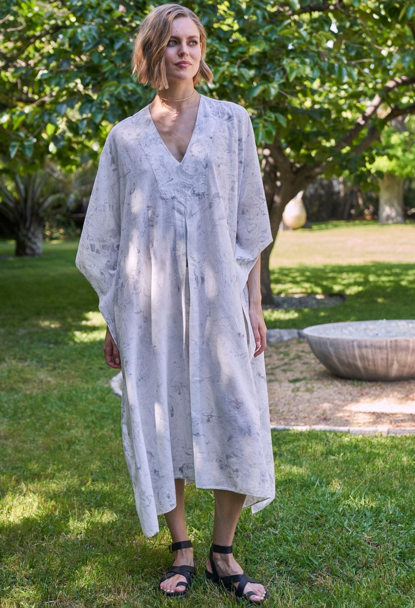 White and Grey Marble Tie Dye Cotton Midi Caftan - ocean+main