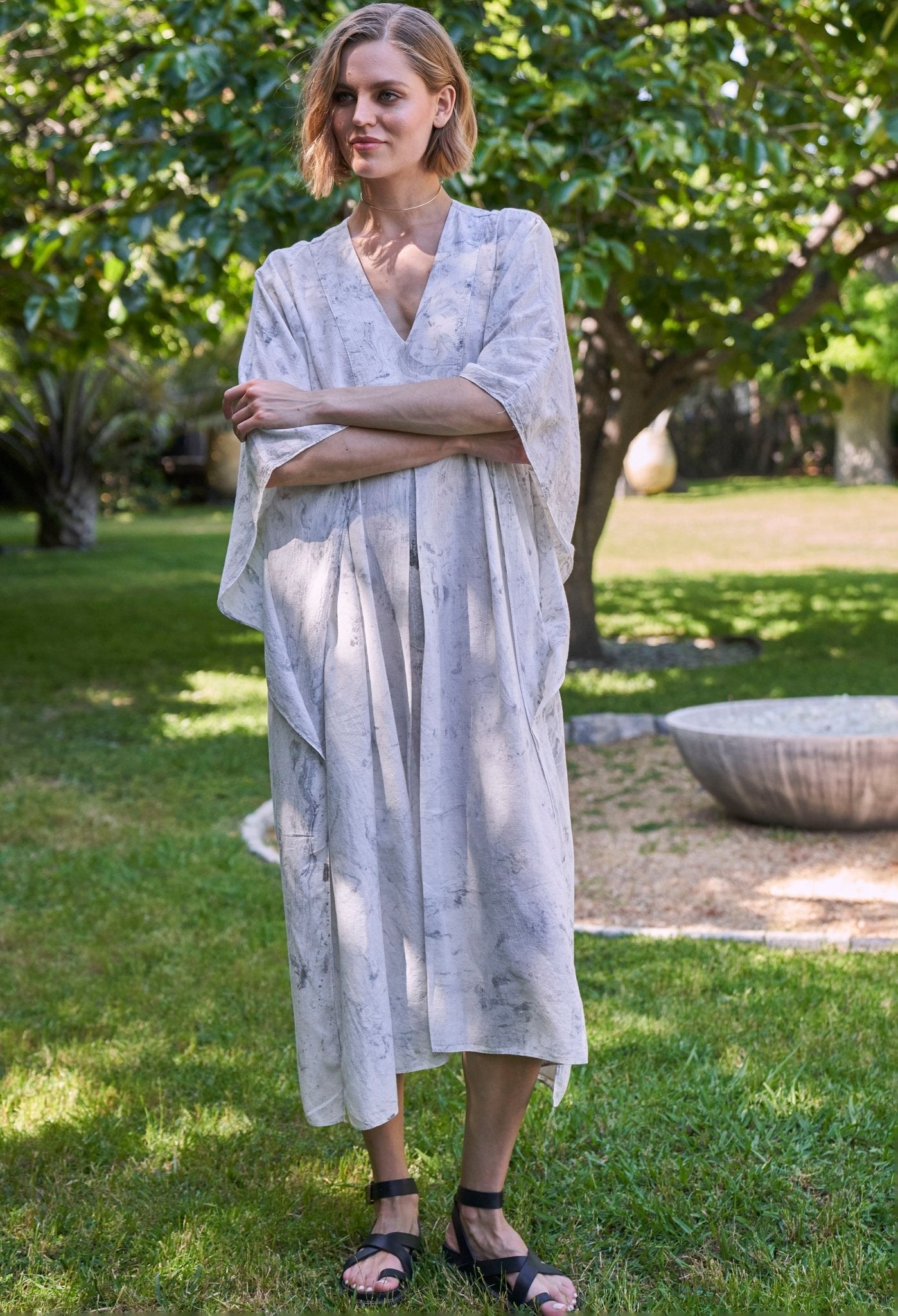 White and Grey Marble Tie Dye Cotton Midi Caftan - ocean+main