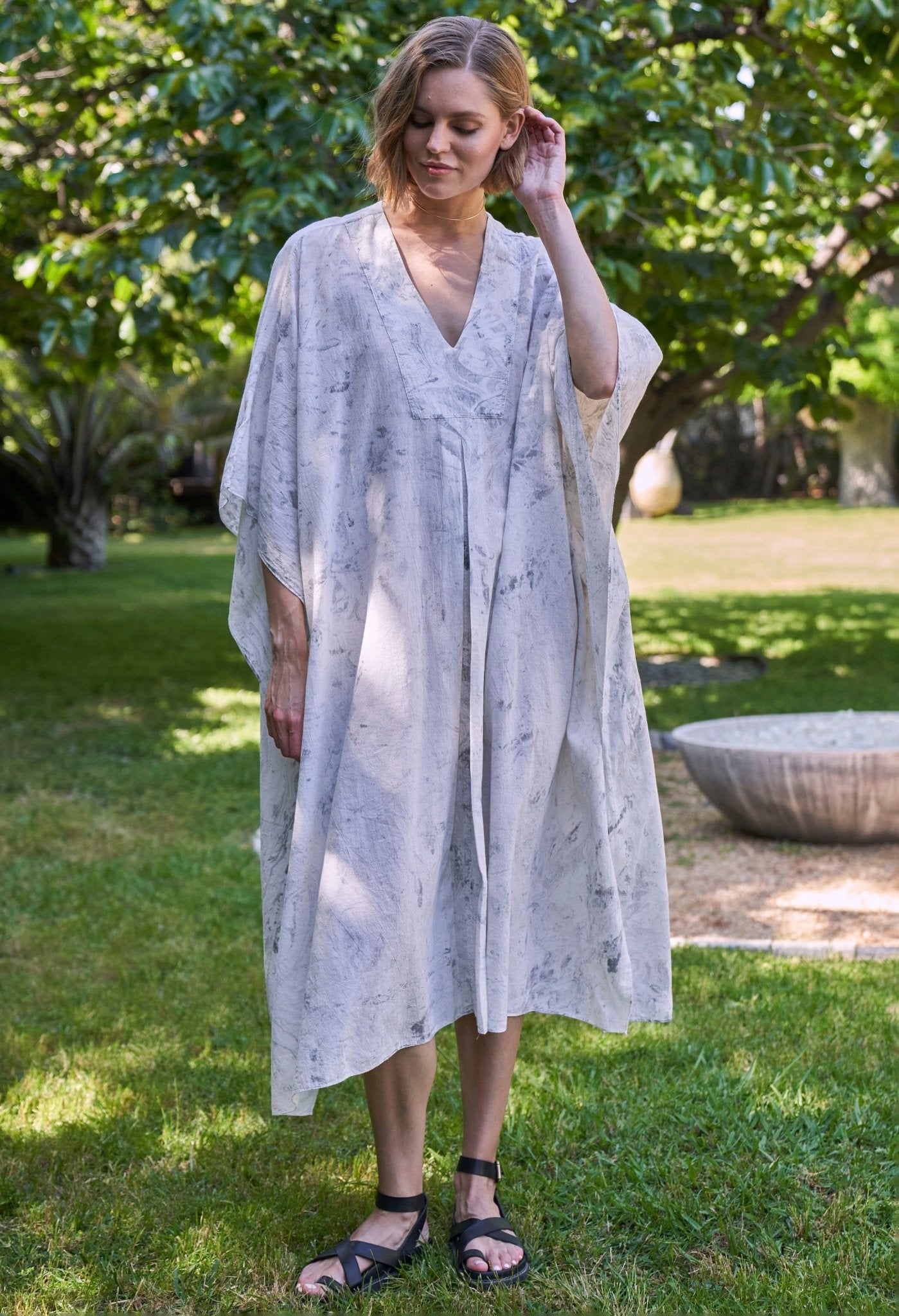 White and Grey Marble Tie Dye Cotton Midi Caftan - ocean+main