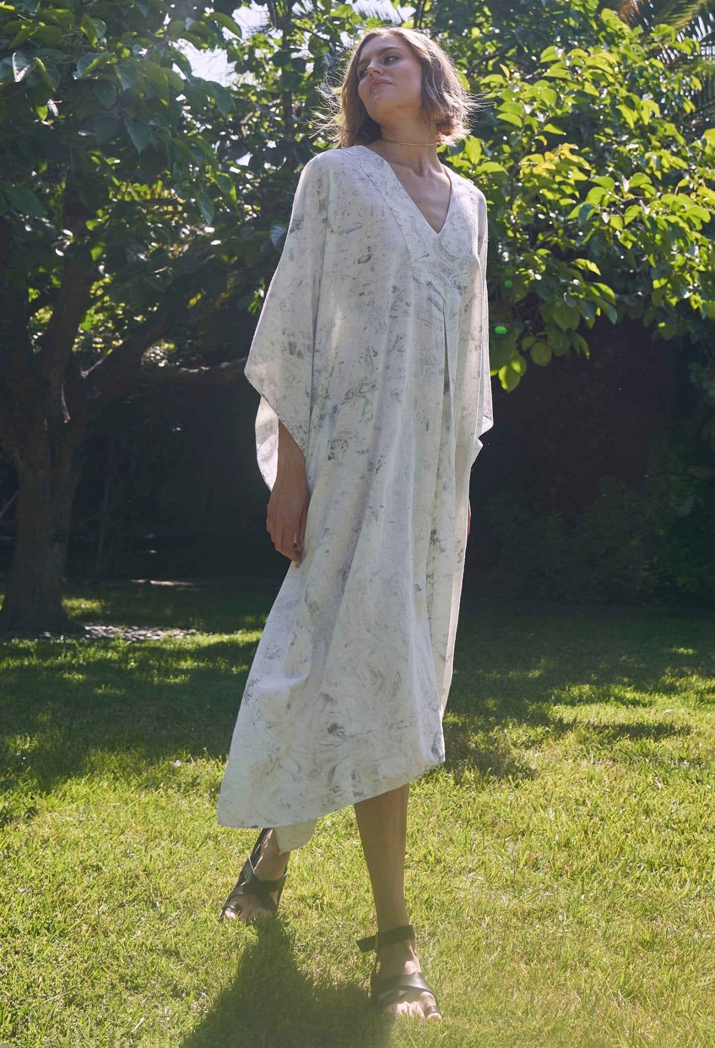 White and Grey Marble Tie Dye Cotton Midi Caftan - ocean+main