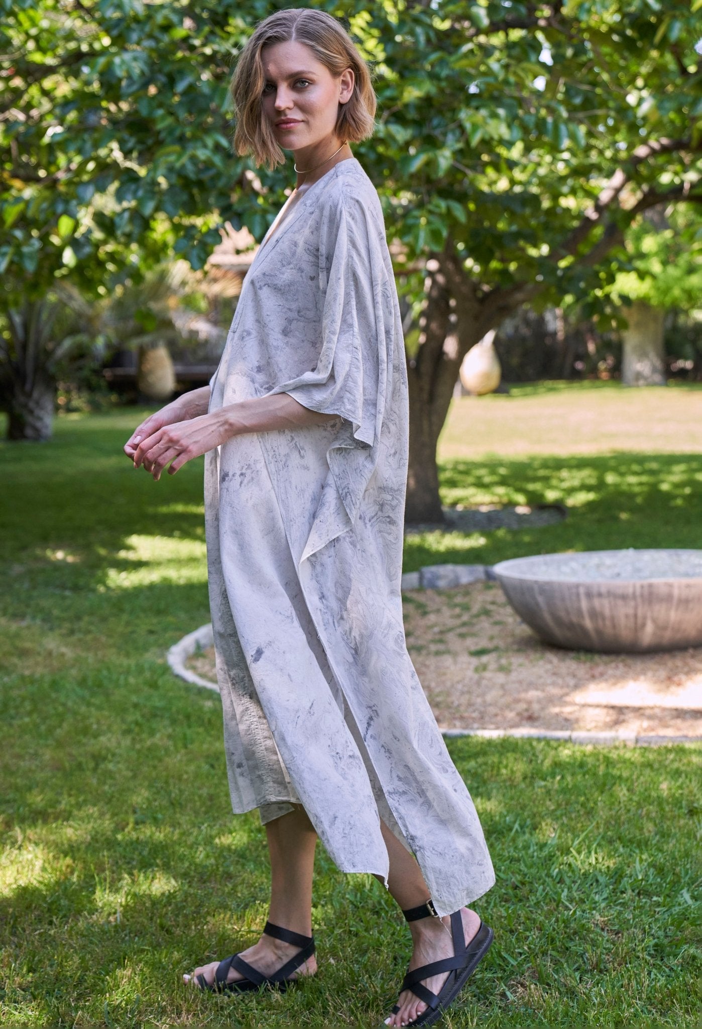 White and Grey Marble Tie Dye Cotton Midi Caftan - ocean+main