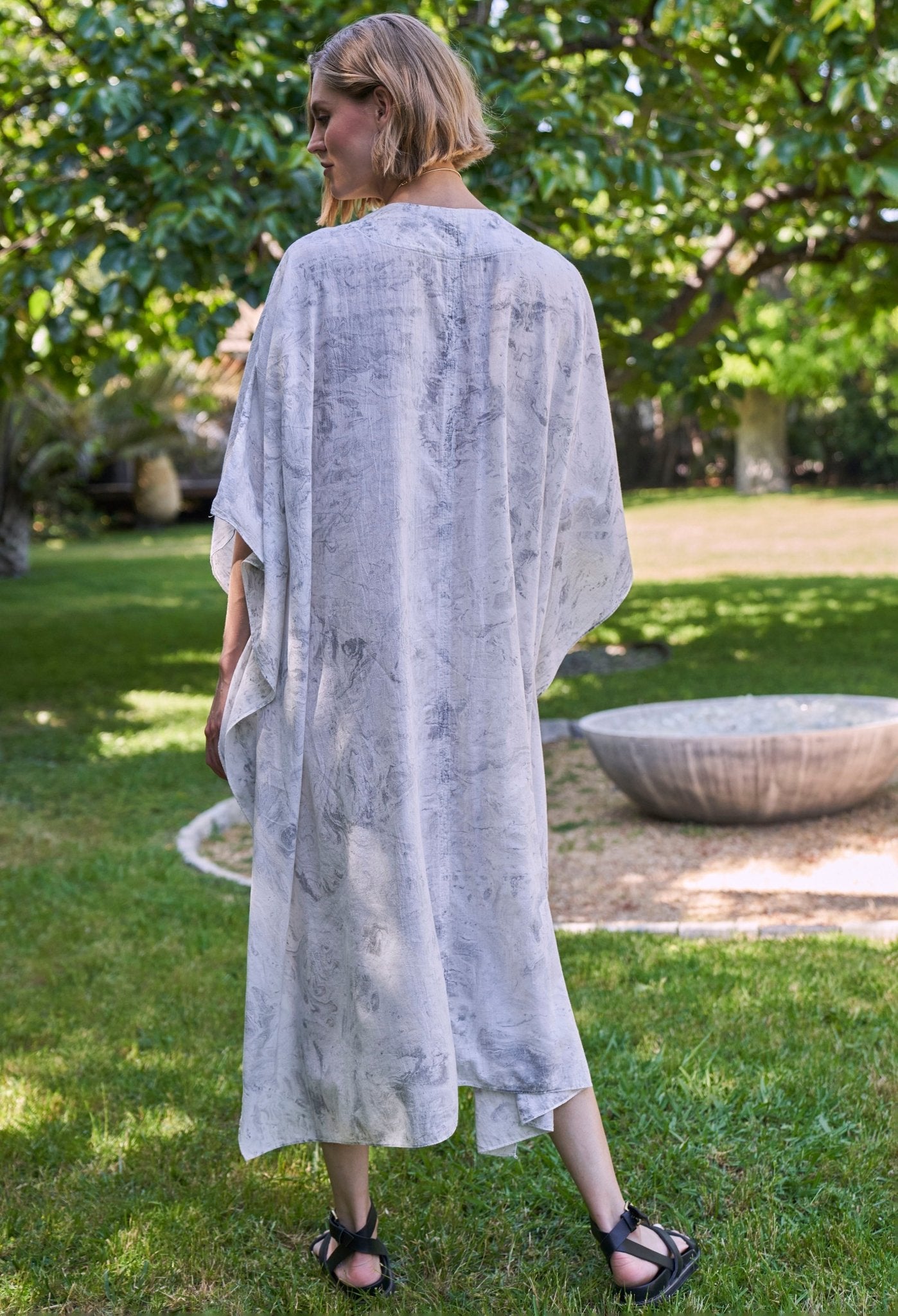 White and Grey Marble Tie Dye Cotton Midi Caftan - ocean+main