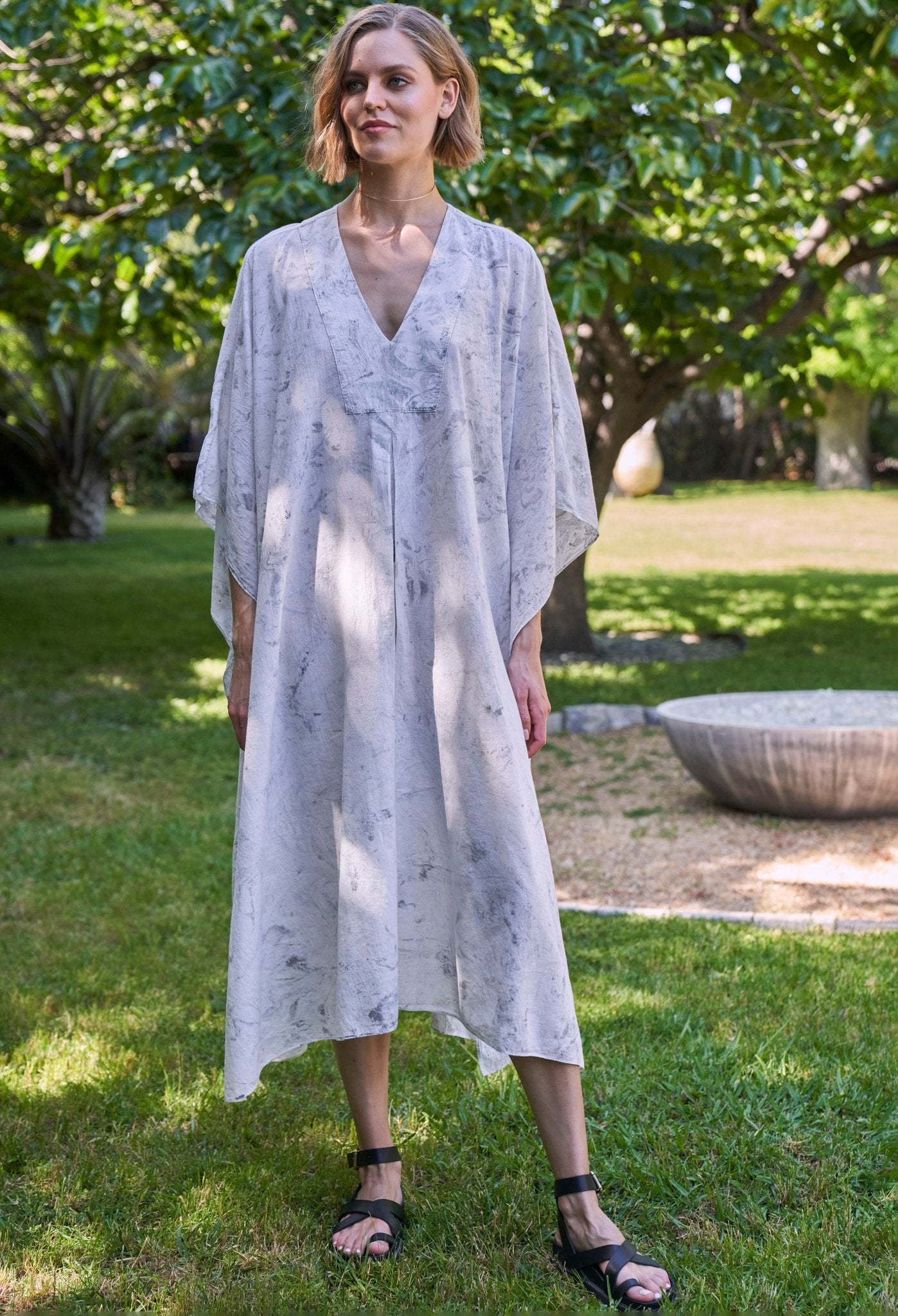 White and Grey Marble Tie Dye Cotton Midi Caftan - ocean+main