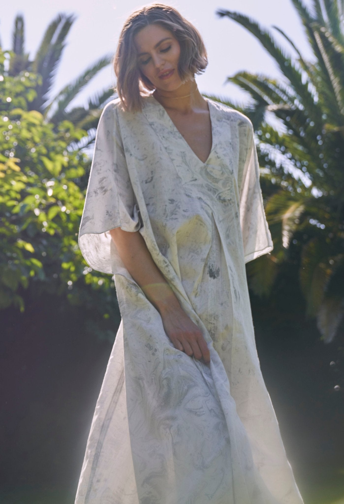 White and Grey Marble Tie Dye Cotton Midi Caftan - ocean+main