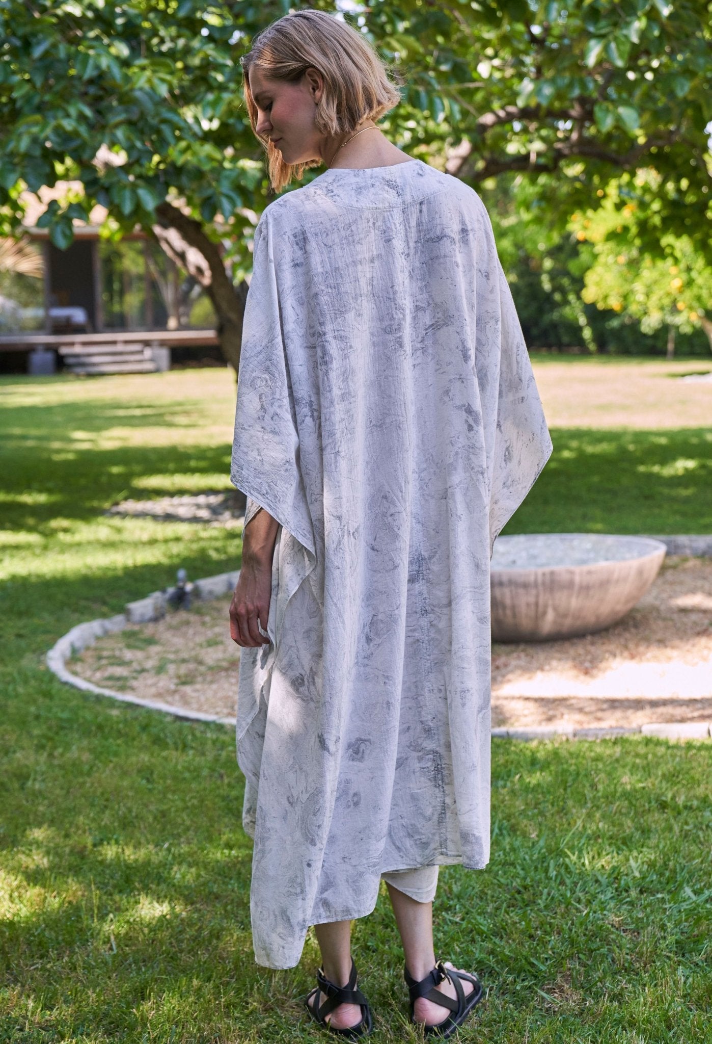 White and Grey Marble Tie Dye Cotton Midi Caftan - ocean+main