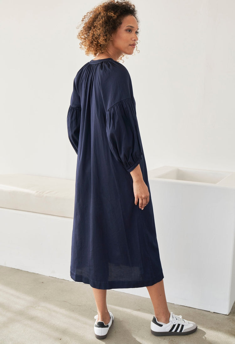 Aubrey Navy Cotton Belted Peasant Dress with Pockets - ocean+main