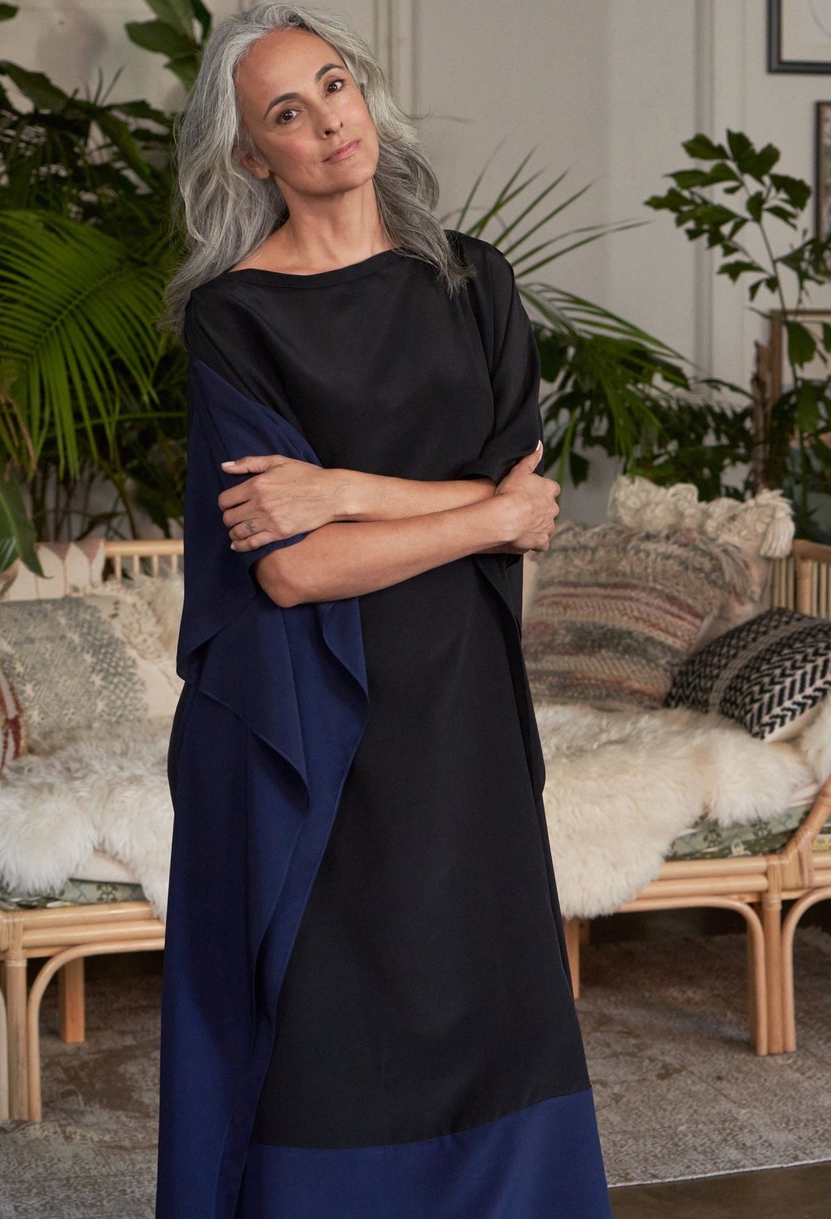 Black and Navy Convertible Boatneck Silk Caftan - ocean+main