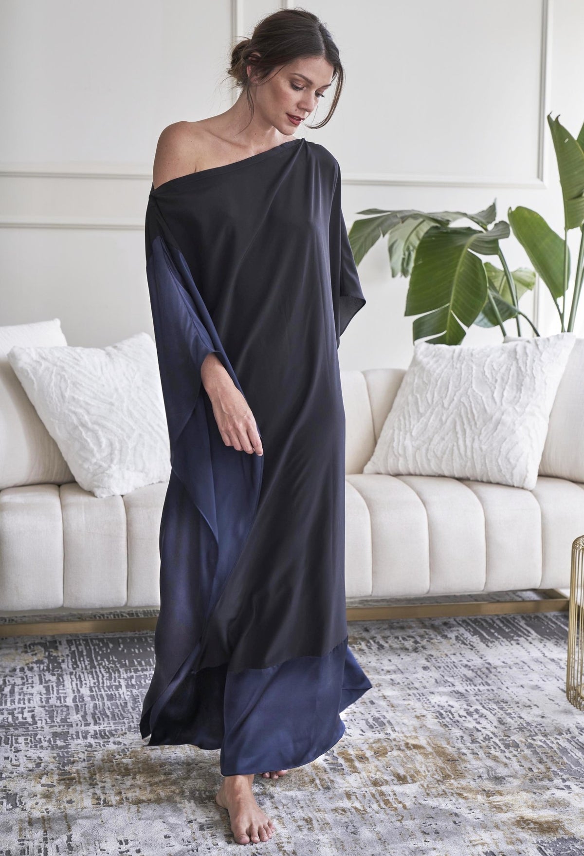 Black and Navy Convertible Boatneck Silk Caftan - ocean+main