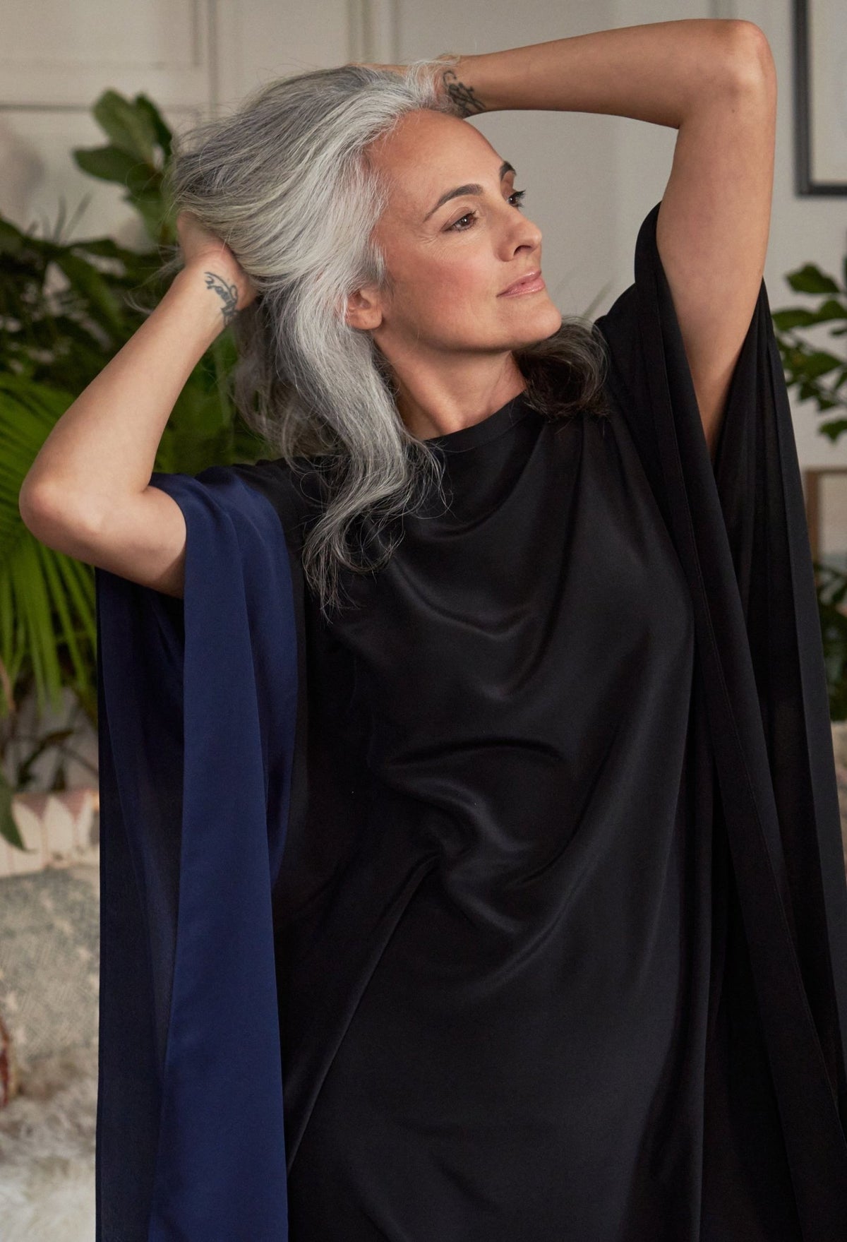 Black and Navy Convertible Boatneck Silk Caftan - ocean+main