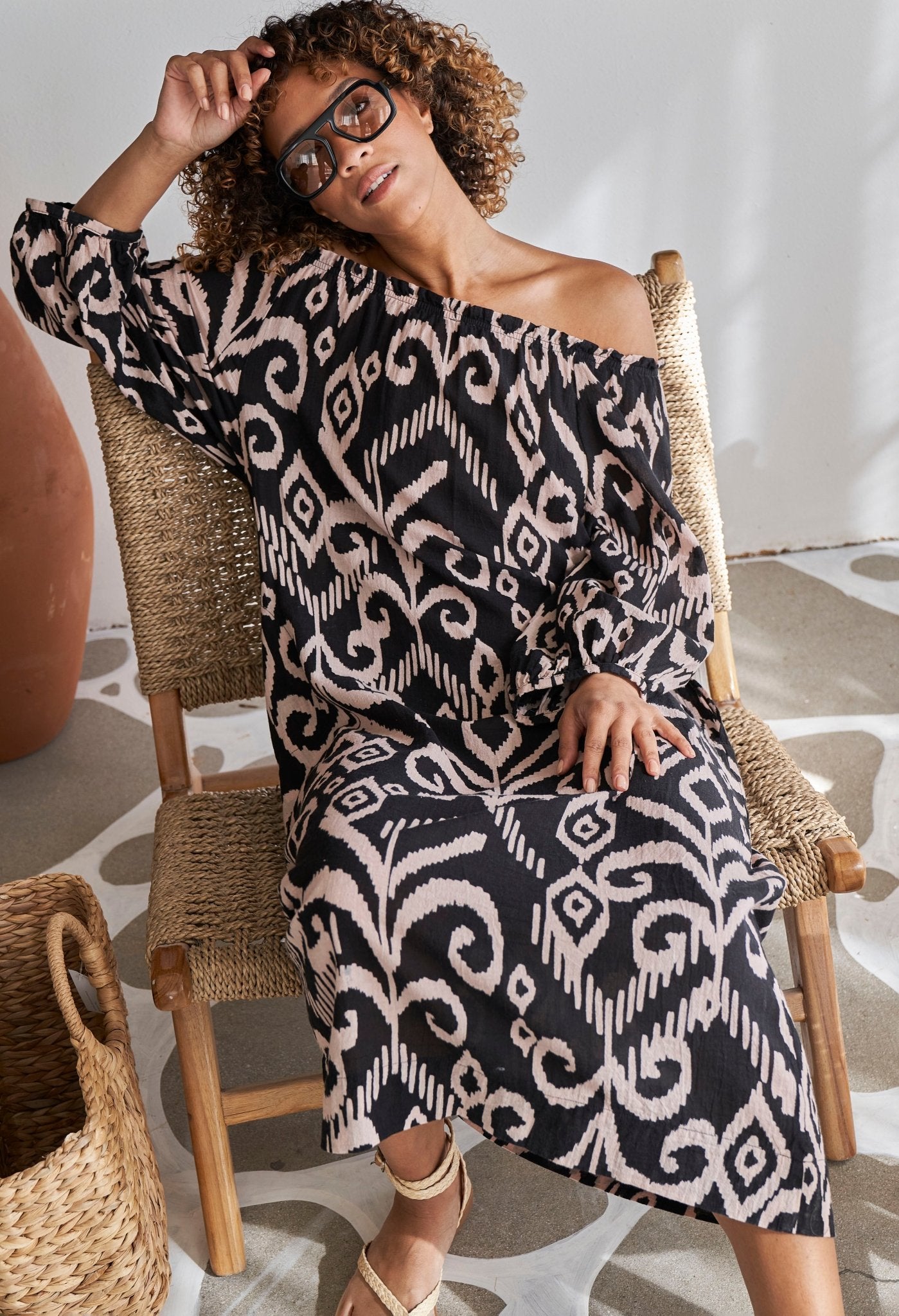 Black and Sand Ikat Off the Shoulder Gauze Dress with Pockets and Belt - ocean+main