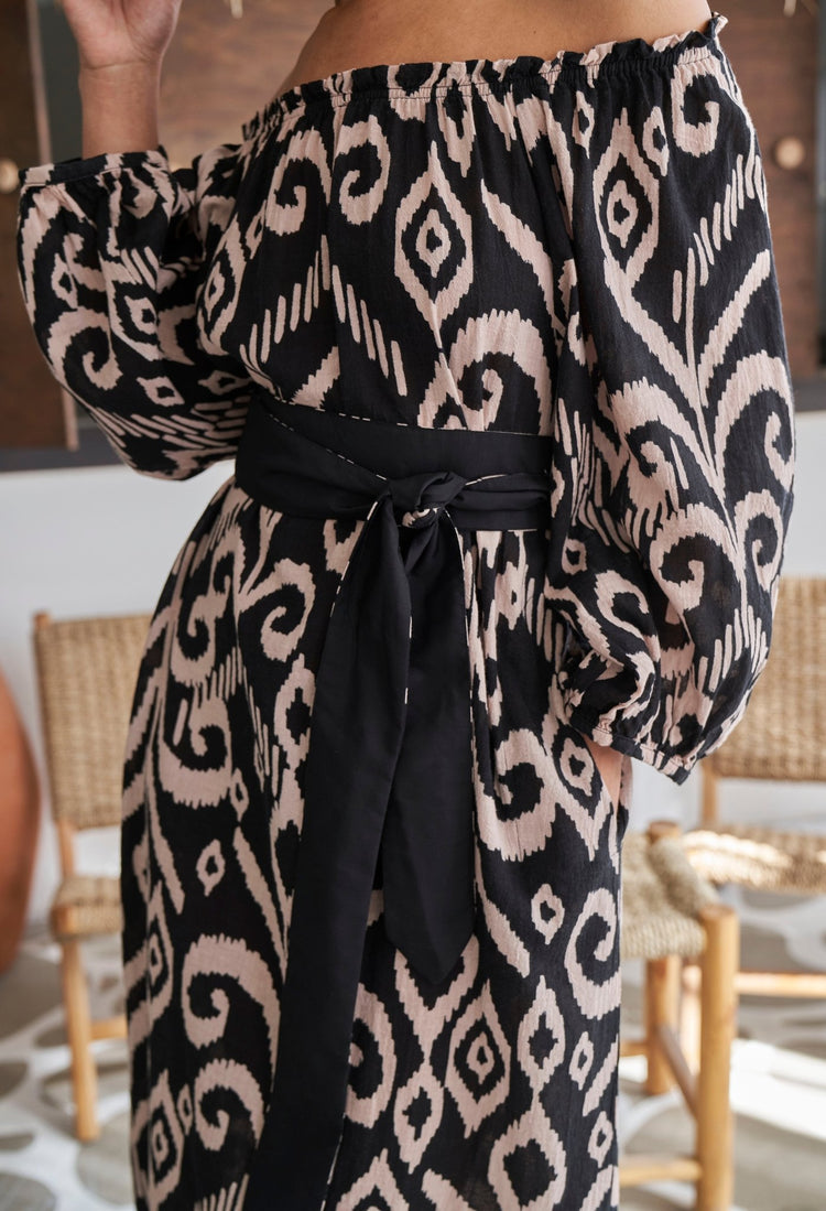 Black and Sand Ikat Off the Shoulder Gauze Dress with Pockets and Belt - ocean+main