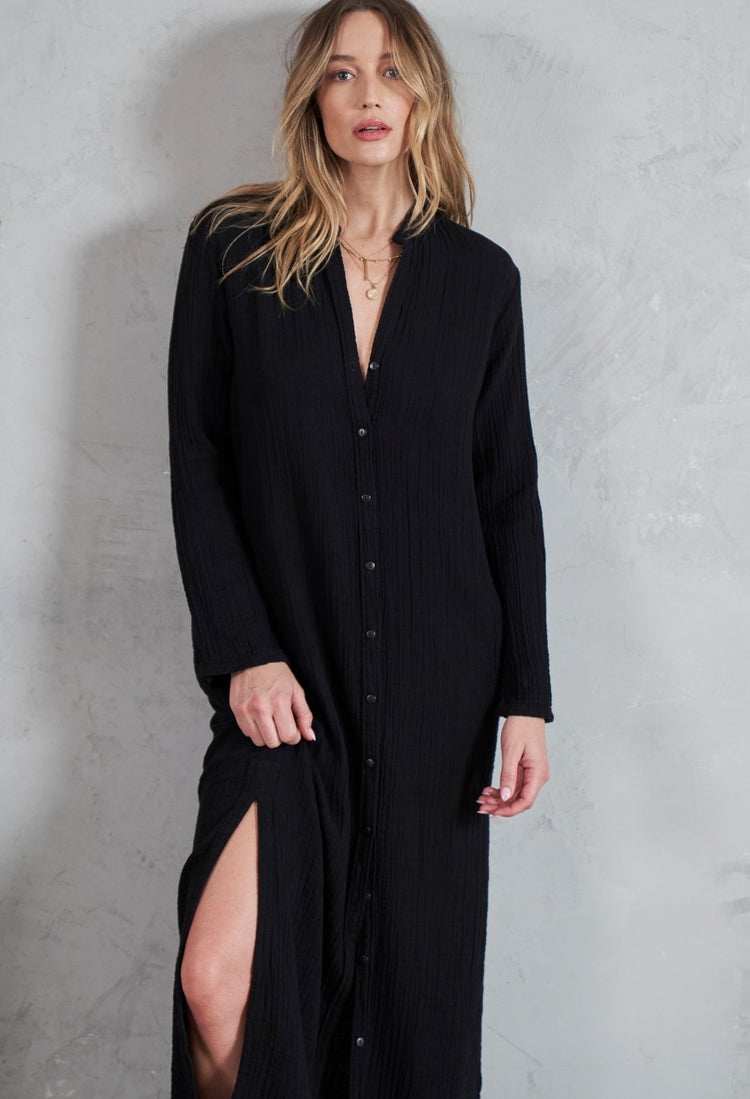 Black Button Front Belted Cotton Gauze Tunic Dress - ocean+main