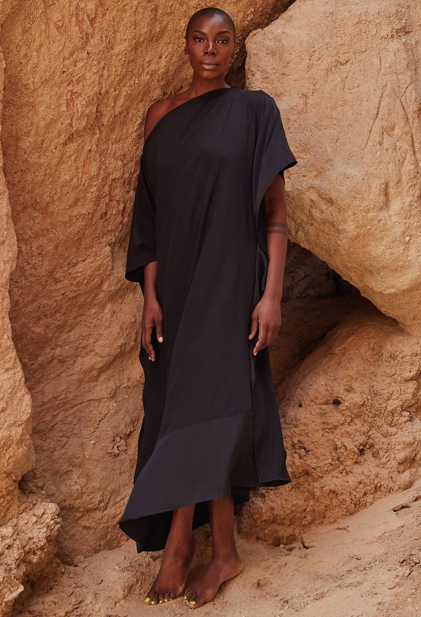 Black Convertible Boatneck Silk Caftan - ocean+main