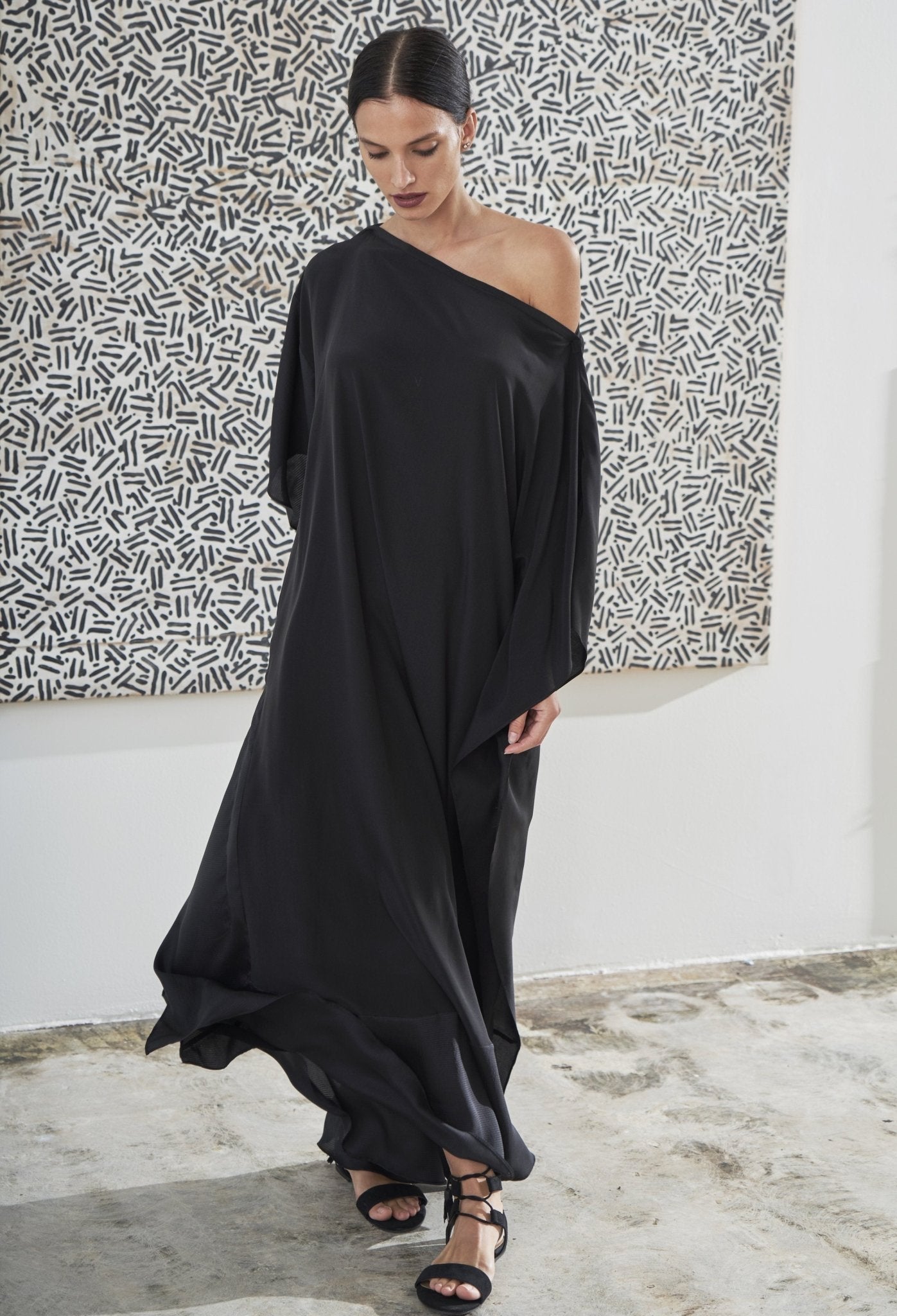 Black Convertible Boatneck Silk Caftan - ocean+main