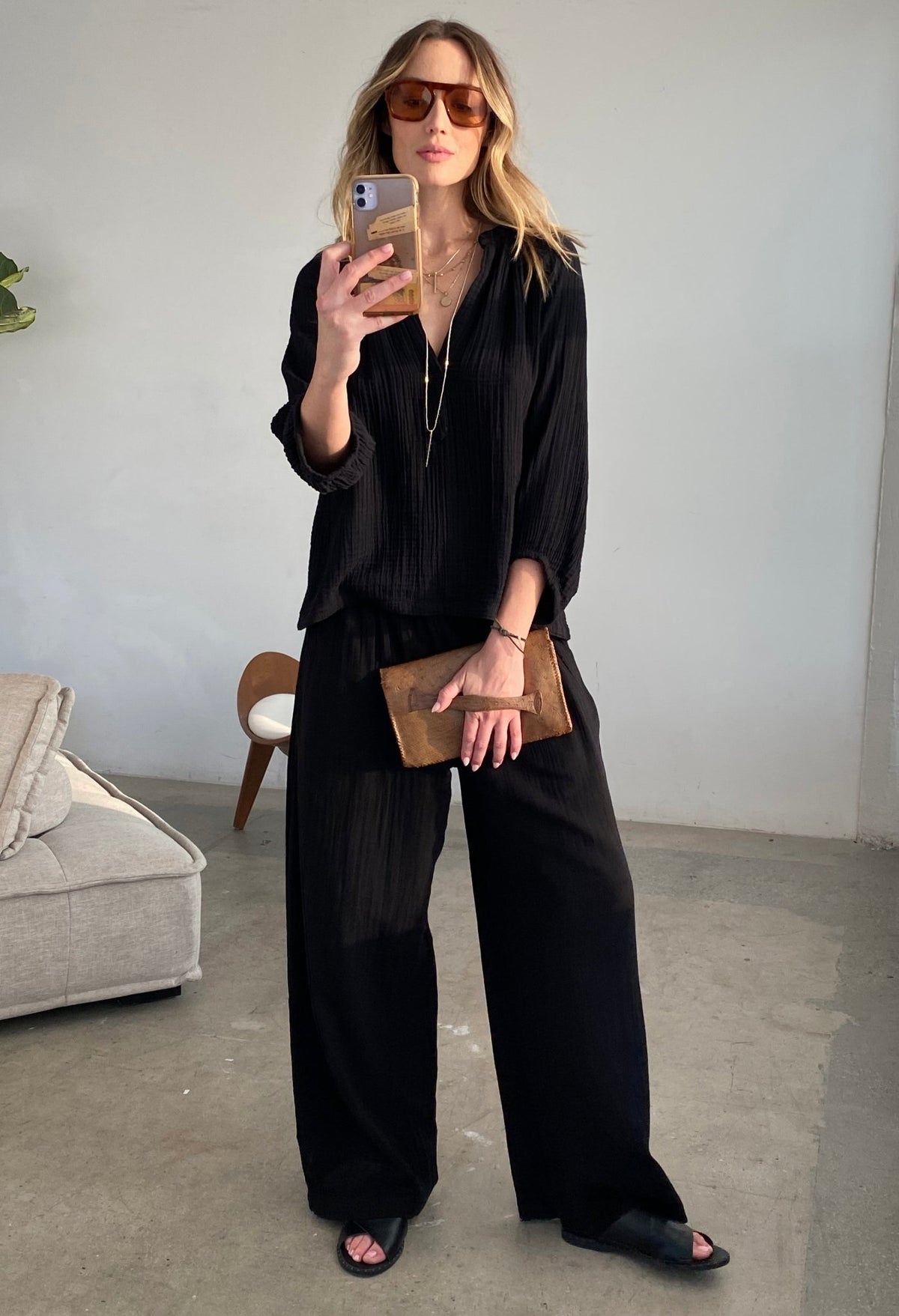 Black Gauze Palazzo Pants Women's Flowy Pants