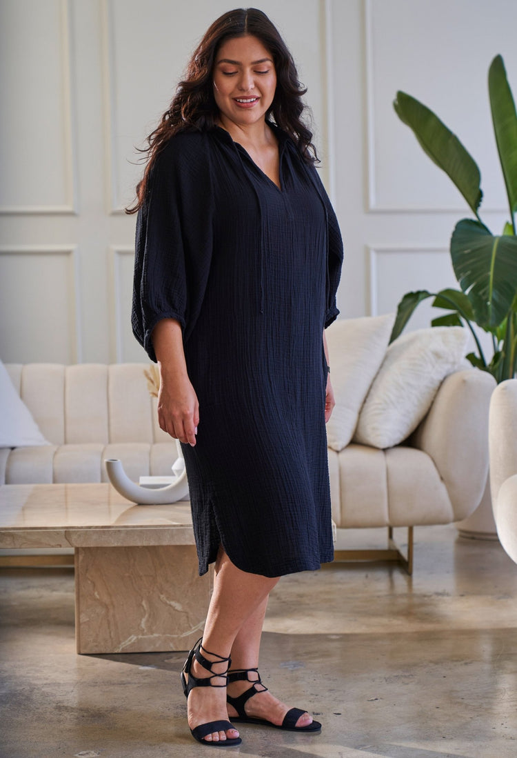 Black Gauze Tie Neck Dress - ocean+main