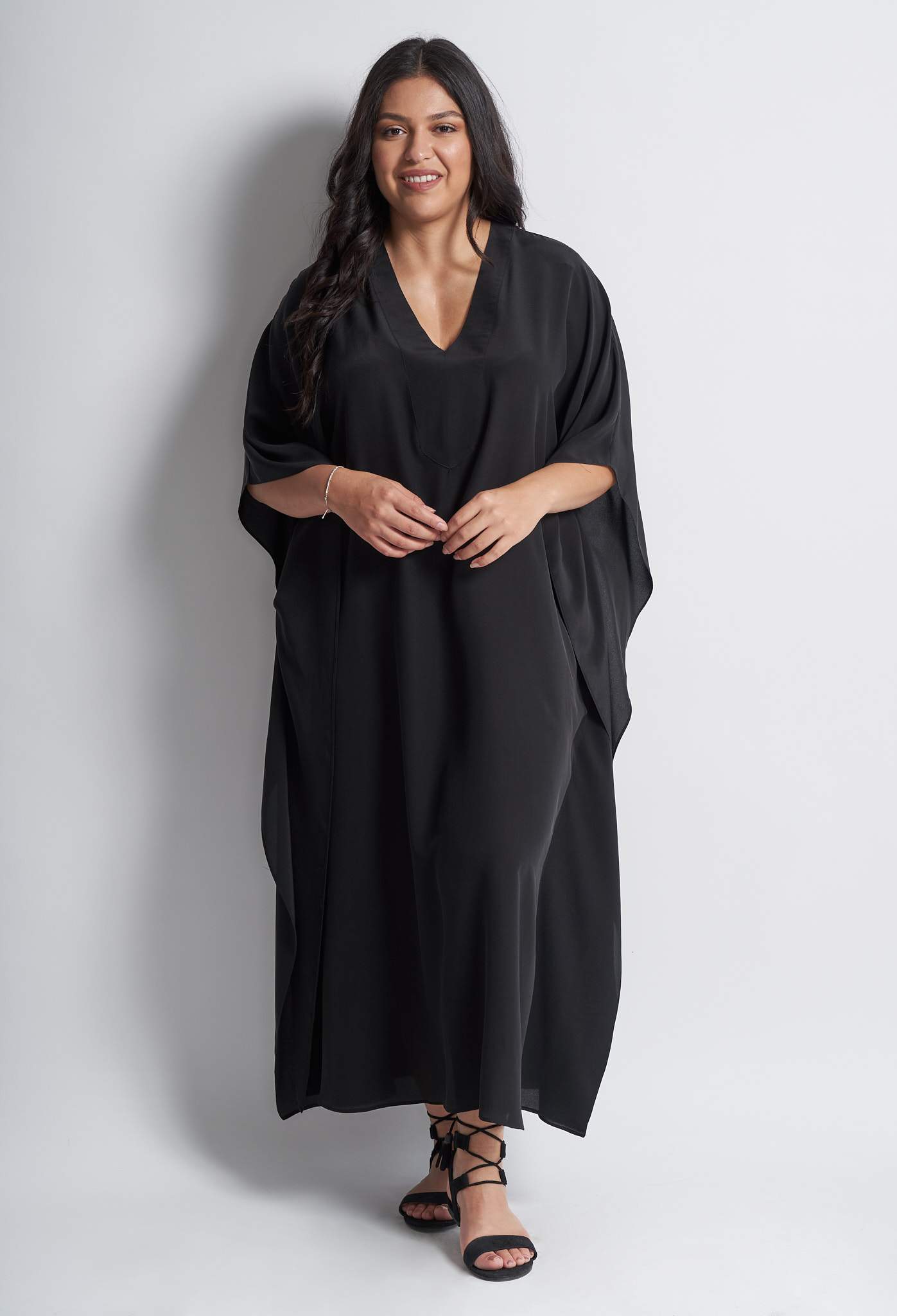 Placket Long Caftan - Women's V Neck Silk Dress – ocean+main