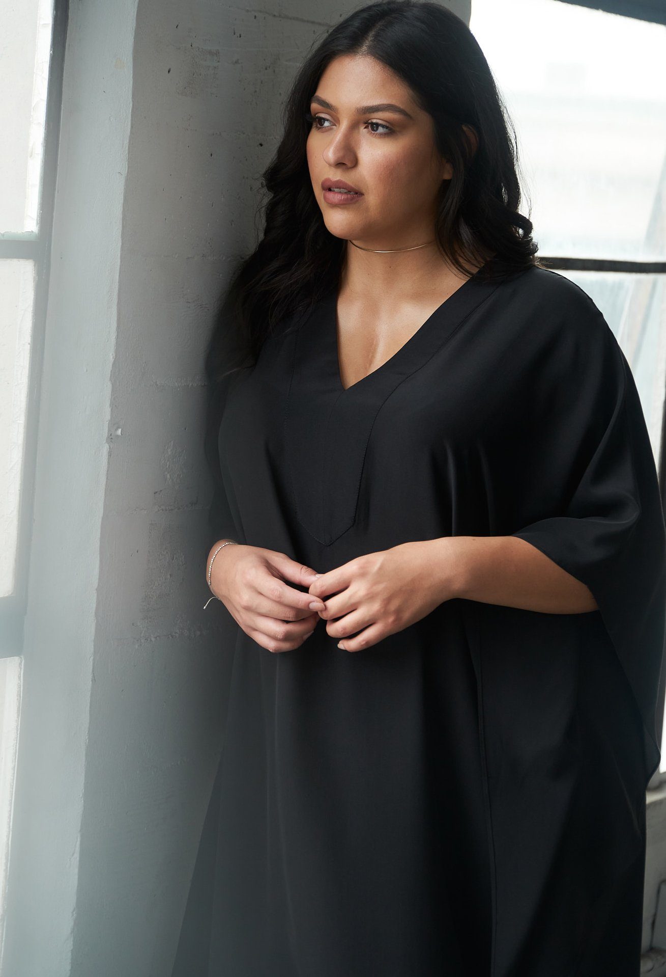 Black Silk V-Neck Long Caftan - ocean+main