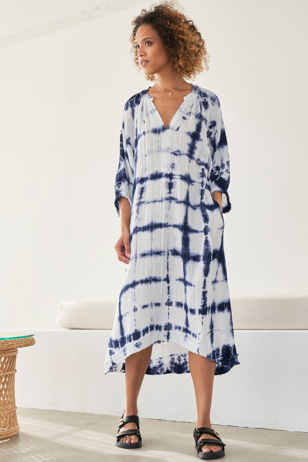 Blue and White Tile Print Gauze Dress with Pockets