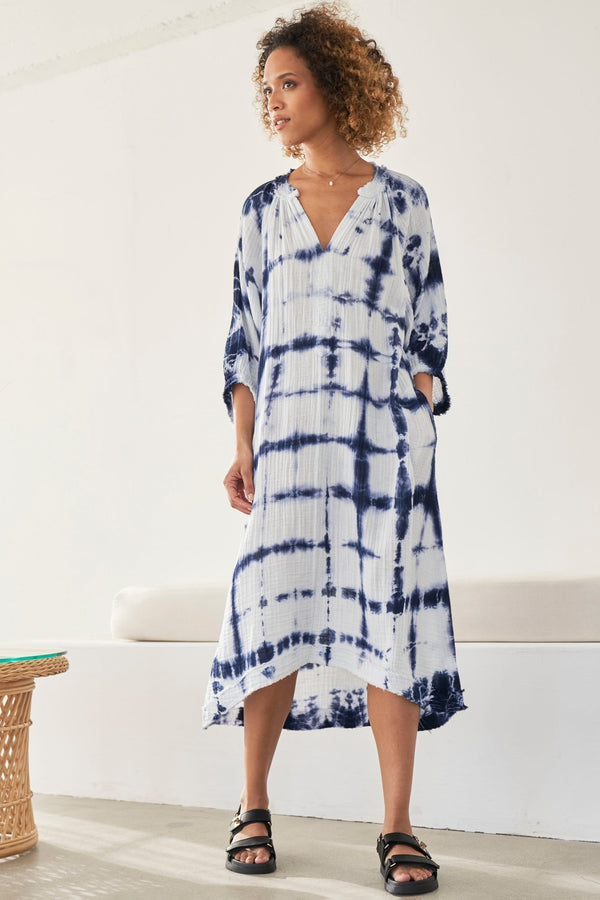 Blue and White Tile Print Gauze Dress with Pockets - ocean+main