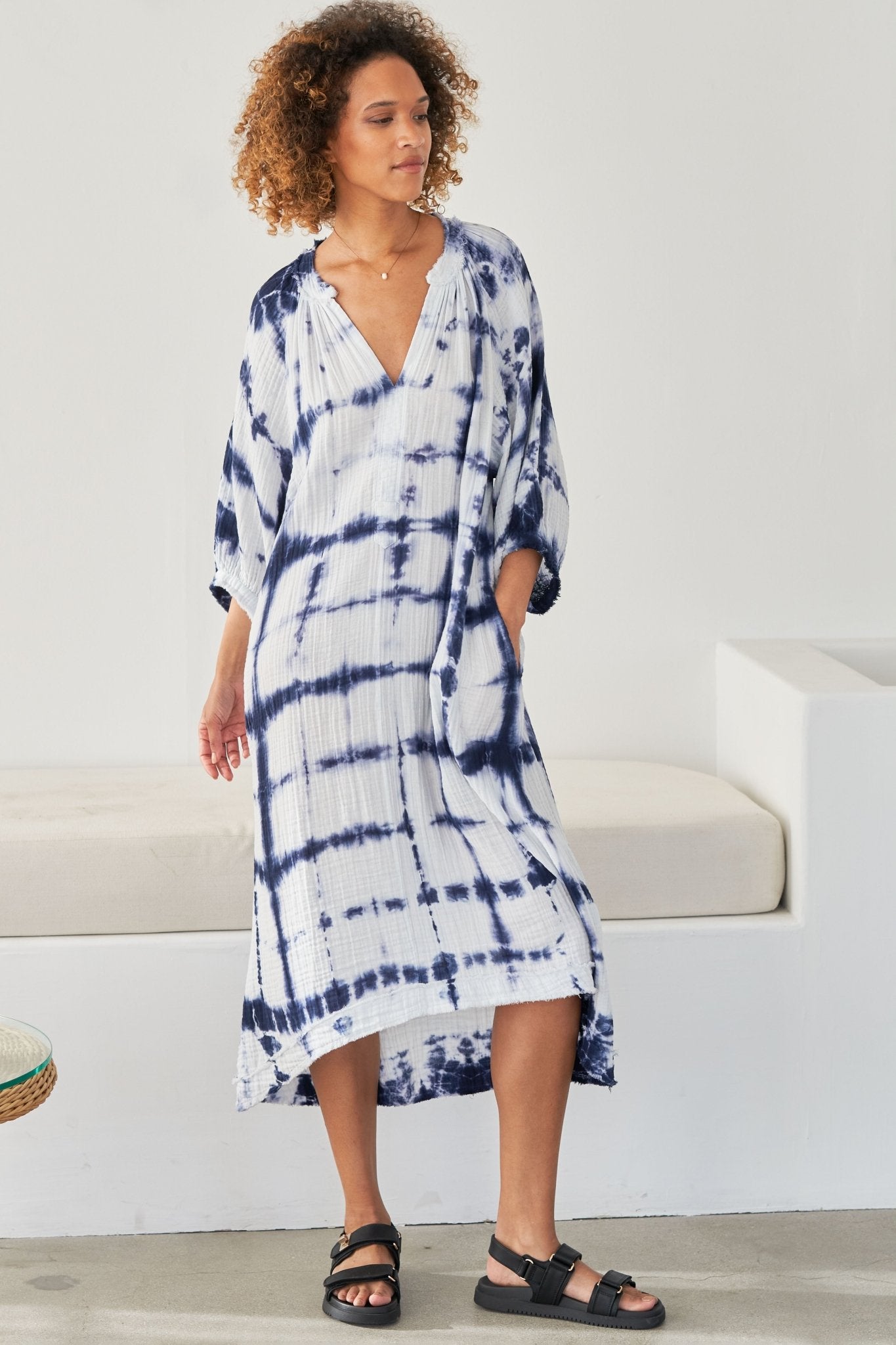 Blue and White Tile Print Gauze Dress with Pockets - ocean+main