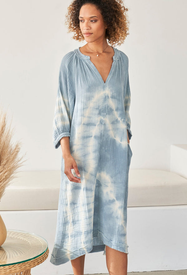 Blue River Print Gauze Dress with Pockets - ocean+main