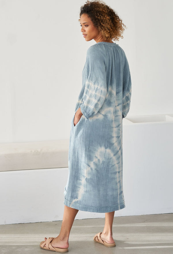 Blue River Print Gauze Dress with Pockets - ocean+main