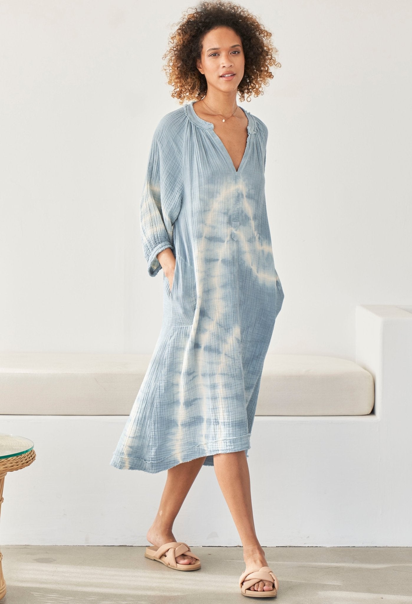 Blue River Print Gauze Dress with Pockets - ocean+main