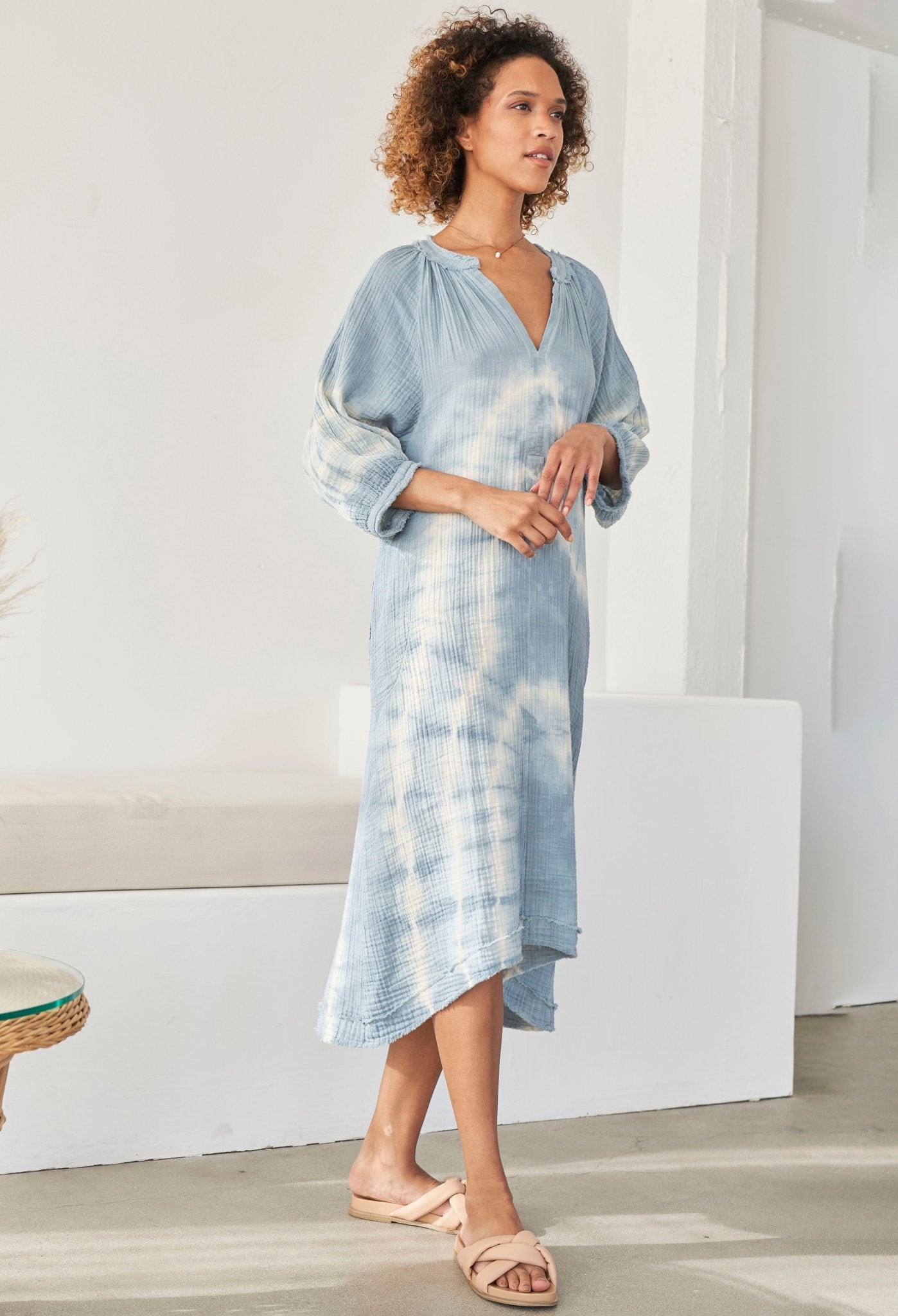 Blue River Print Gauze Dress with Pockets - ocean+main