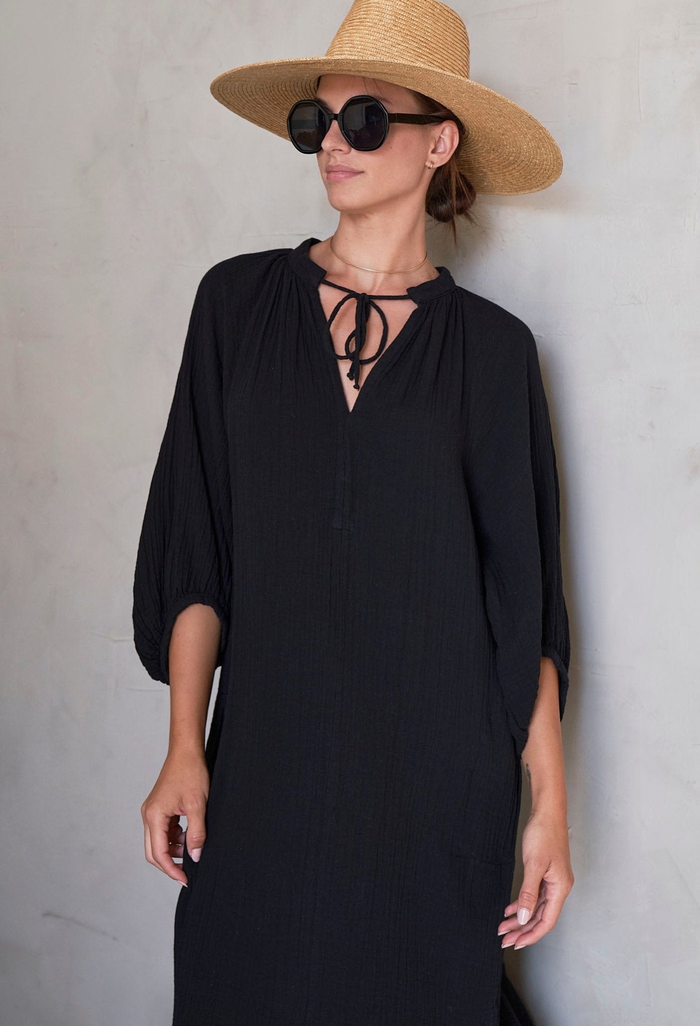 Cara Black Long Tie Neck Dress Gauze Caftan - ocean+main