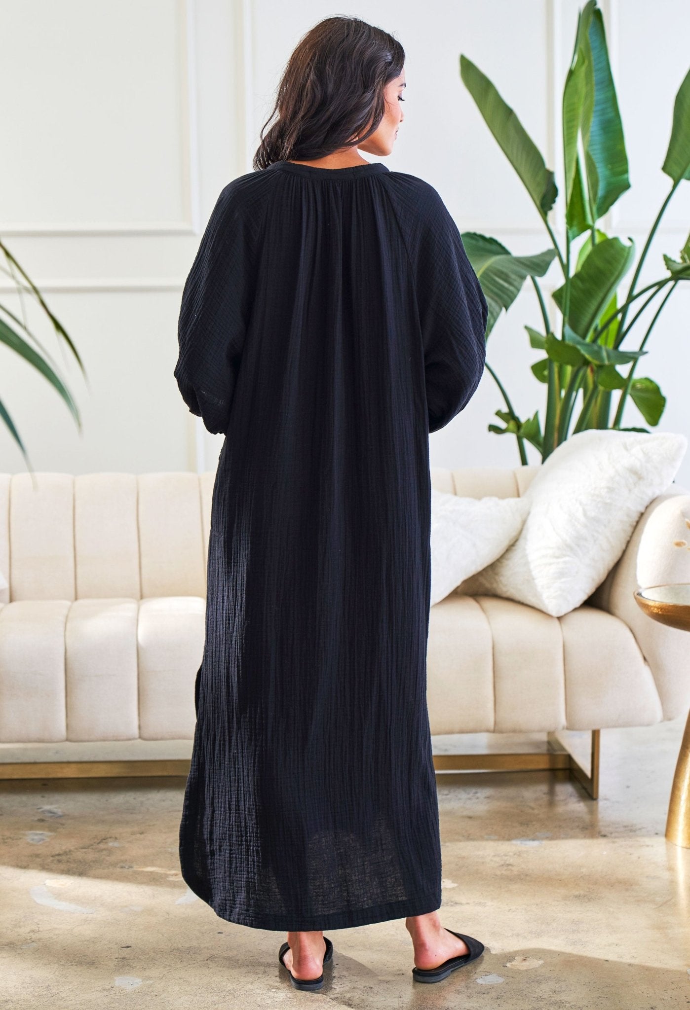 Cara Black Long Tie Neck Dress Gauze Caftan - ocean+main