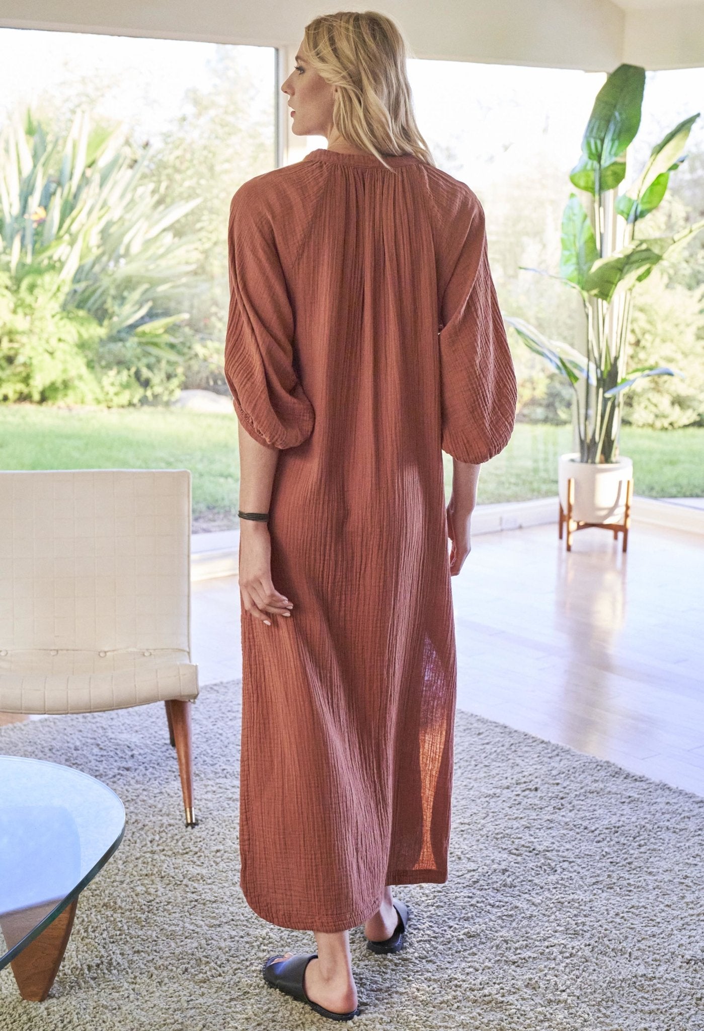 Cara Terracotta Long Tie Neck Dress Gauze Caftan - ocean+main