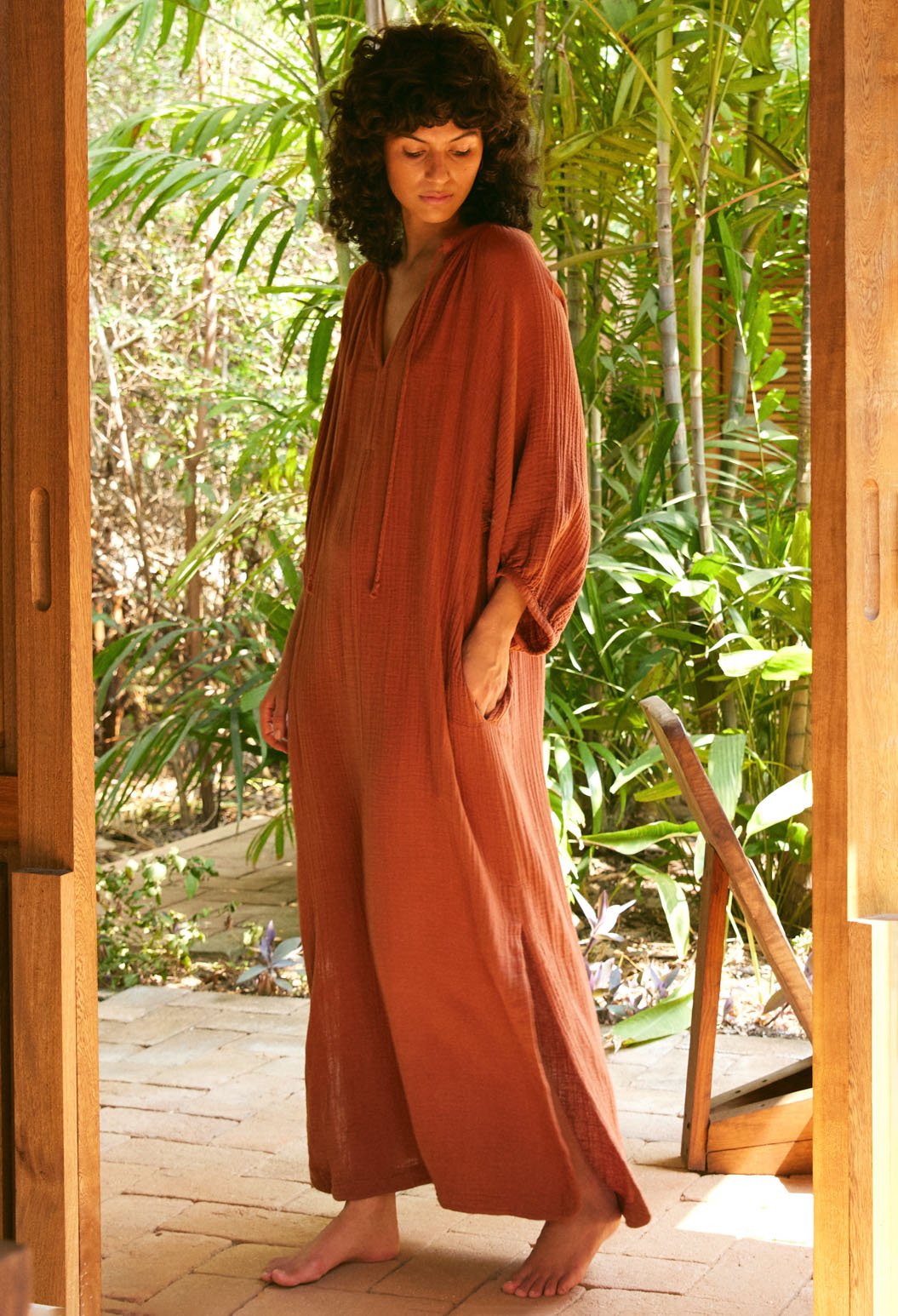 Cara Terracotta Long Tie Neck Dress Gauze Caftan - ocean+main