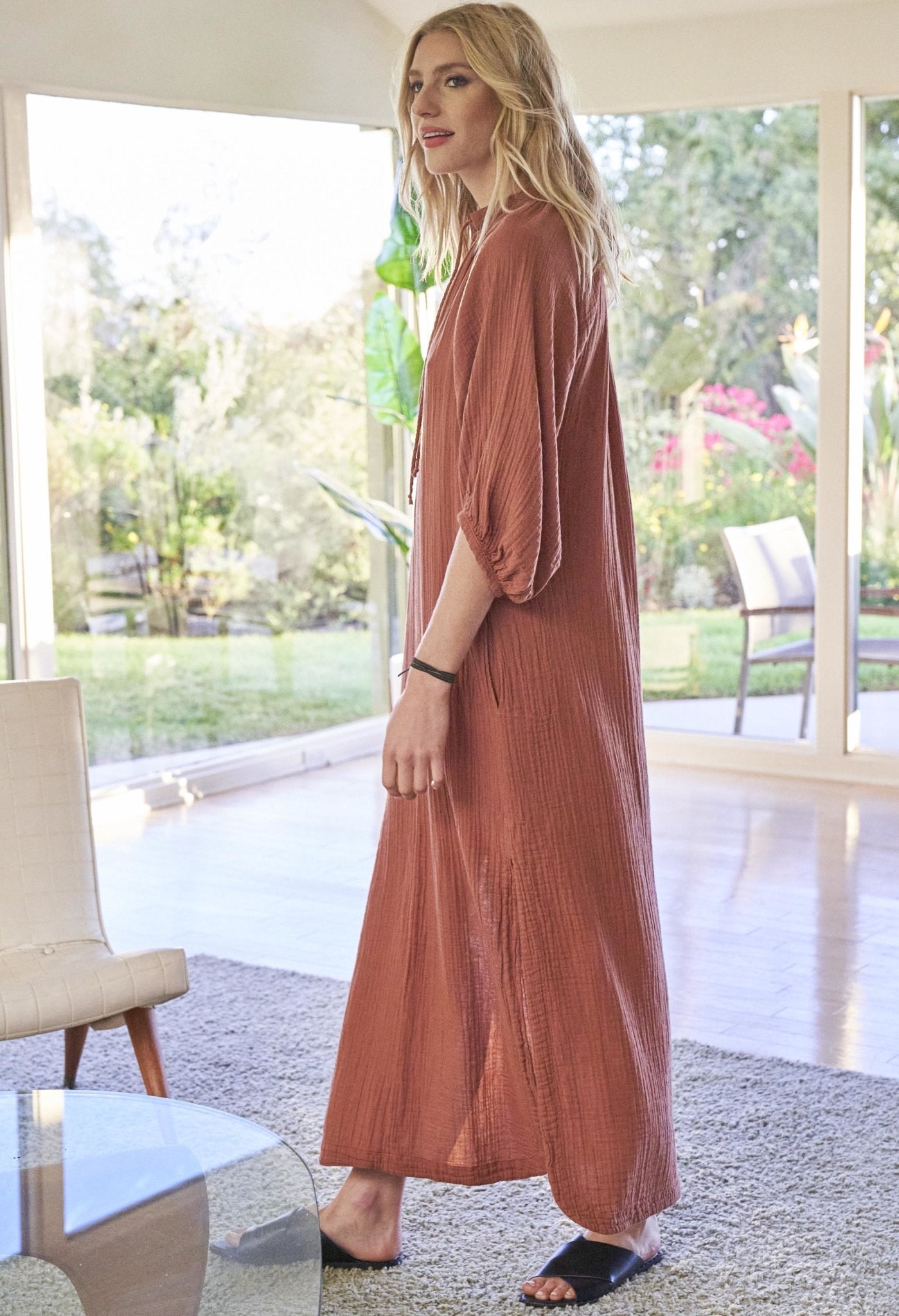 Cara Terracotta Long Tie Neck Dress Gauze Caftan - ocean+main
