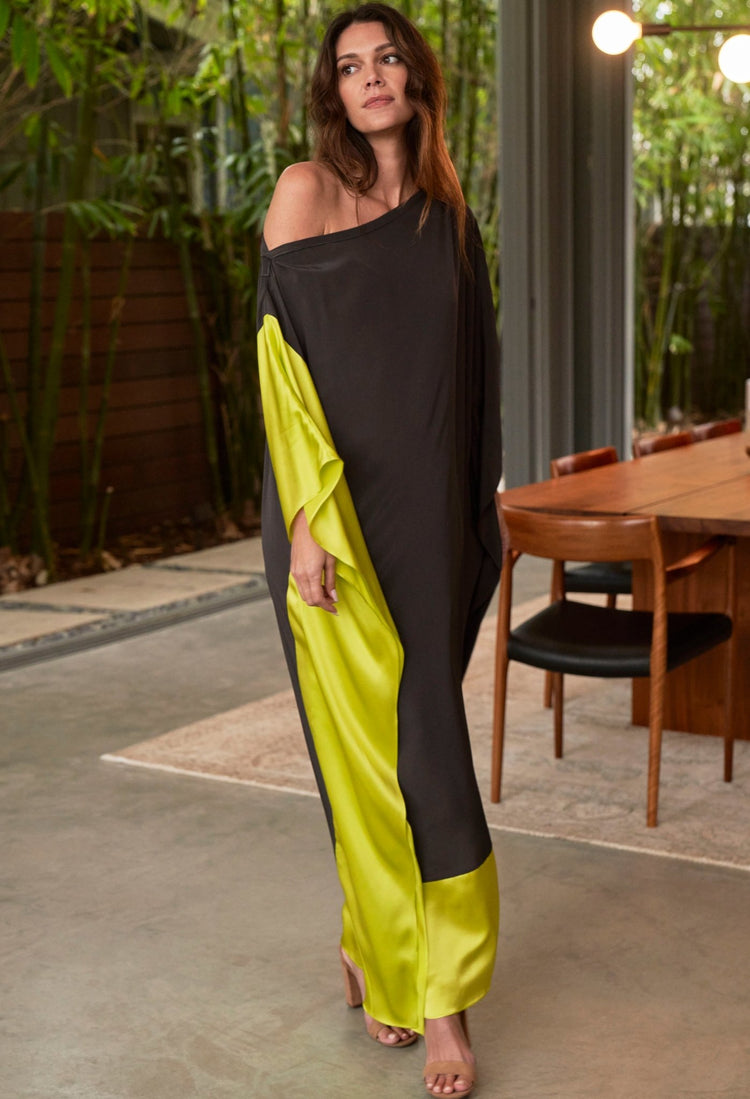 Charcoal and Chartreuse Silk Boatneck Caftan - ocean+main