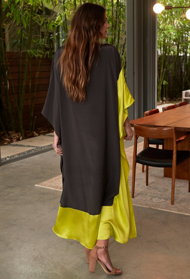 Charcoal and Chartreuse Silk Boatneck Caftan - ocean+main
