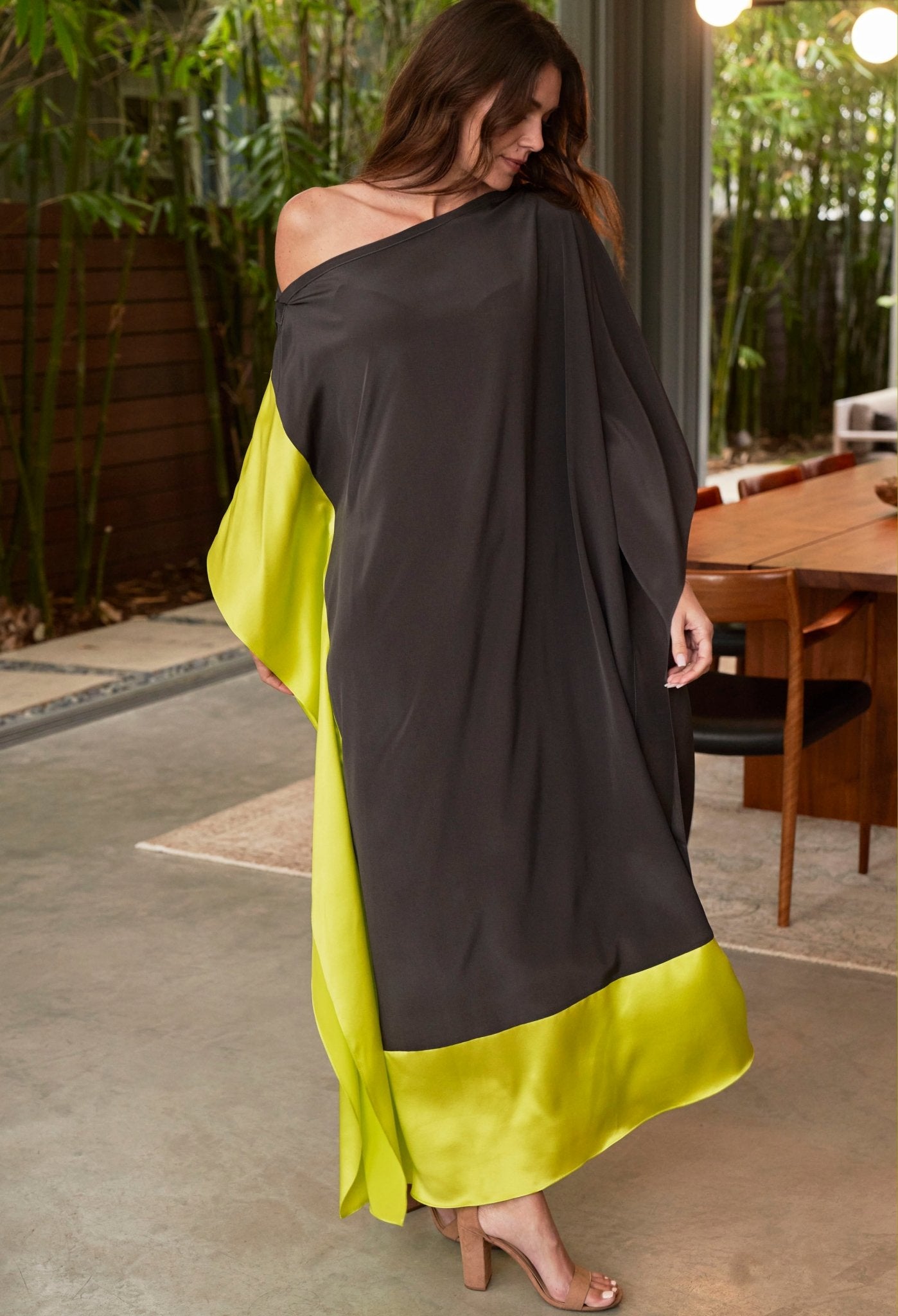 Charcoal and Chartreuse Silk Boatneck Caftan - ocean+main