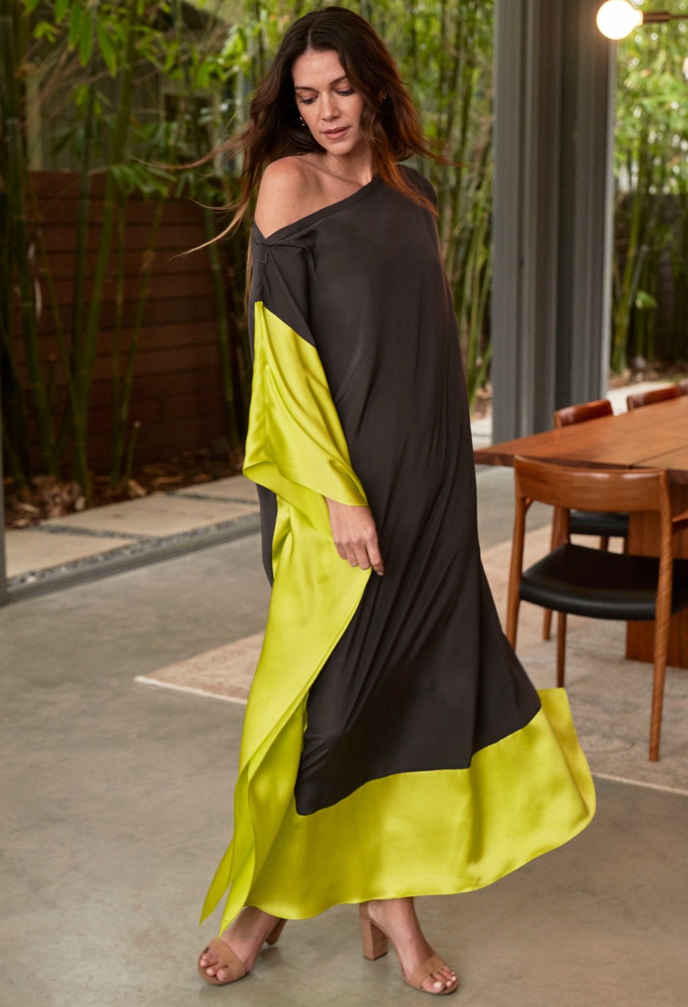 Charcoal and Chartreuse Silk Boatneck Caftan - ocean+main
