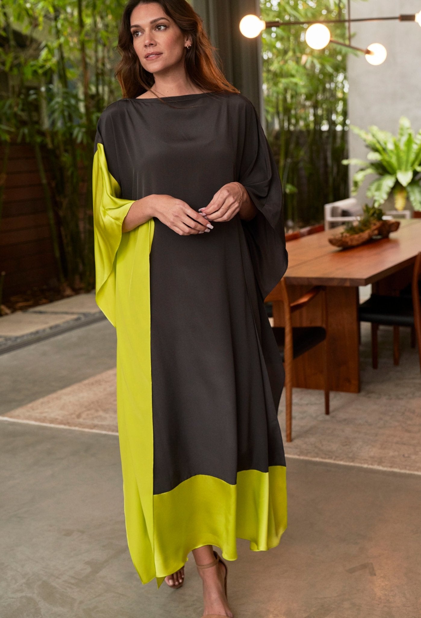 Charcoal and Chartreuse Silk Boatneck Caftan - ocean+main