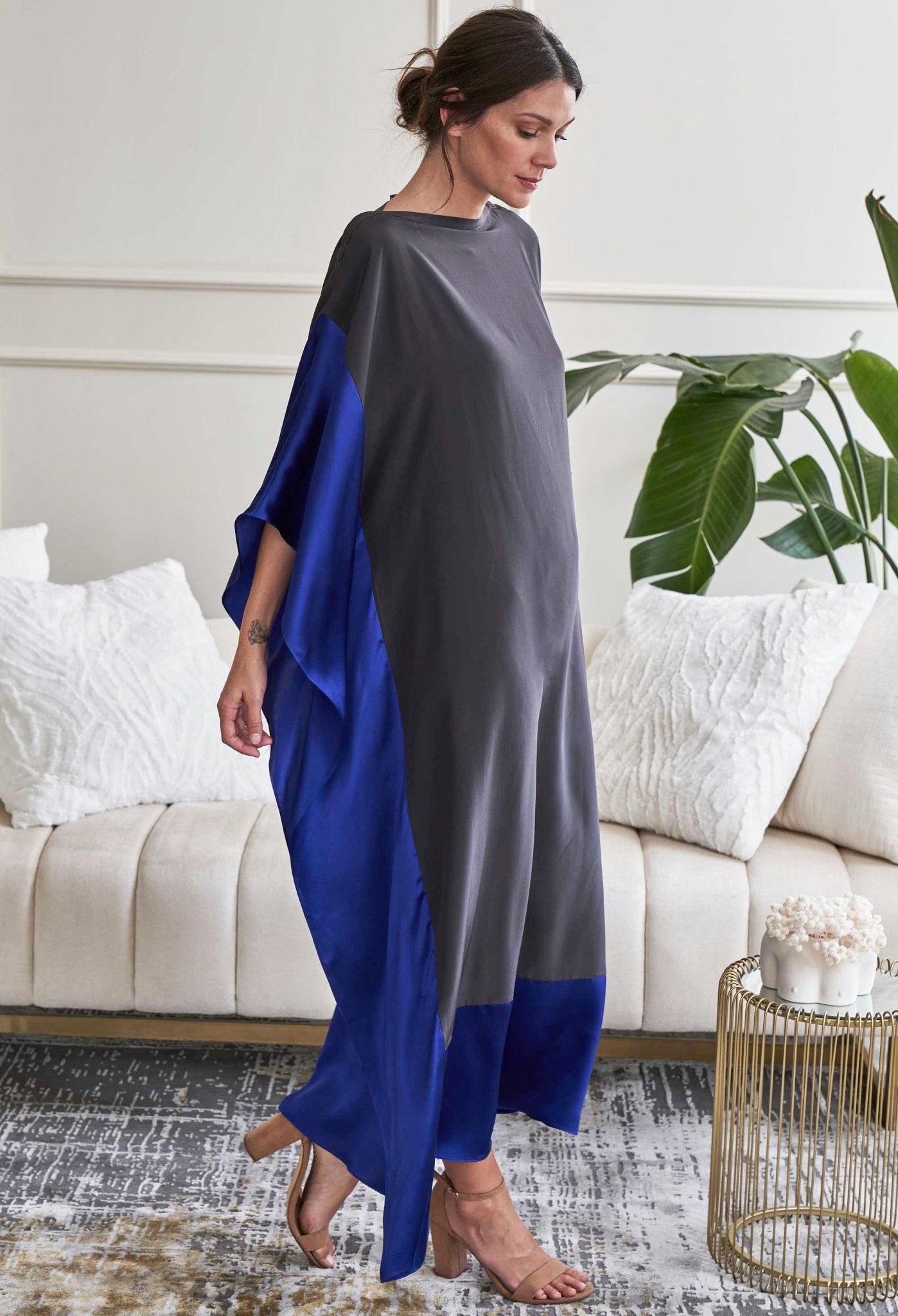 Charcoal and Cobalt Silk Boatneck Caftan - ocean+main