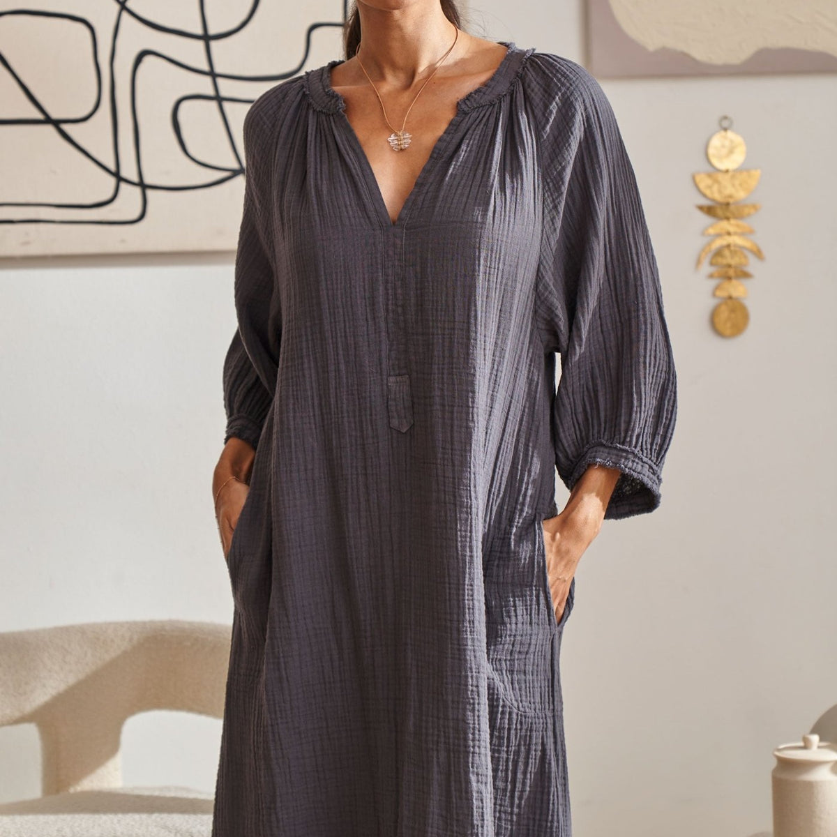 chinese dress ladies 100% Linen Natural Summer V-Neck Dress Alexa, Charcoal Black / S main image 0
