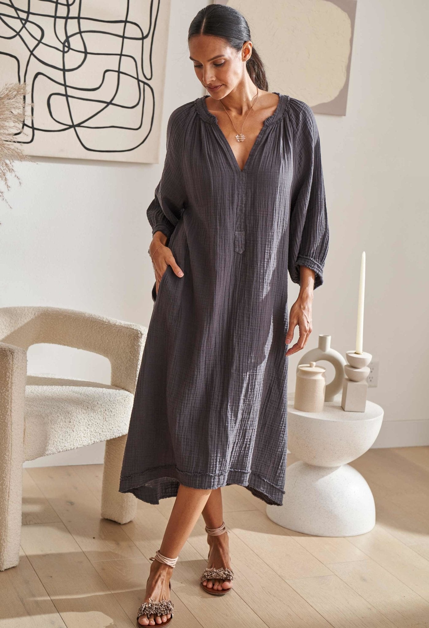 Charcoal Gauze Dress with Pockets - ocean+main