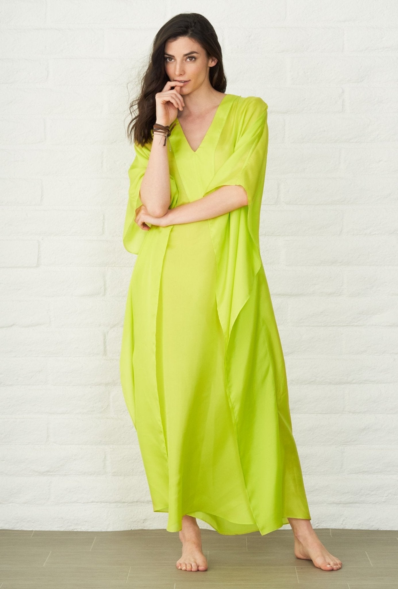 Chartreuse Silk Placket V-Neck Long Caftan - ocean+main